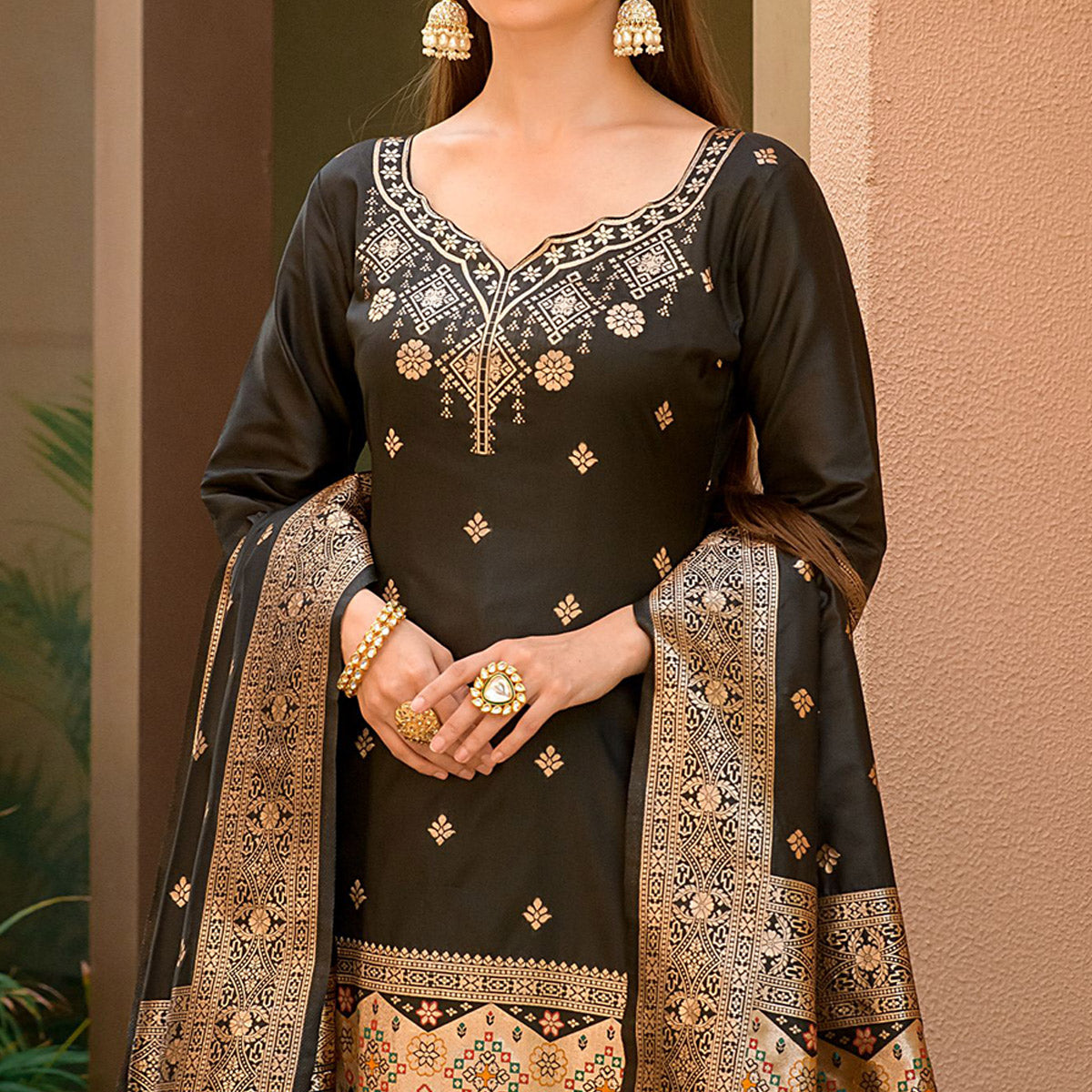 Black Floral Woven Banarasi Silk Paithani Dress Material