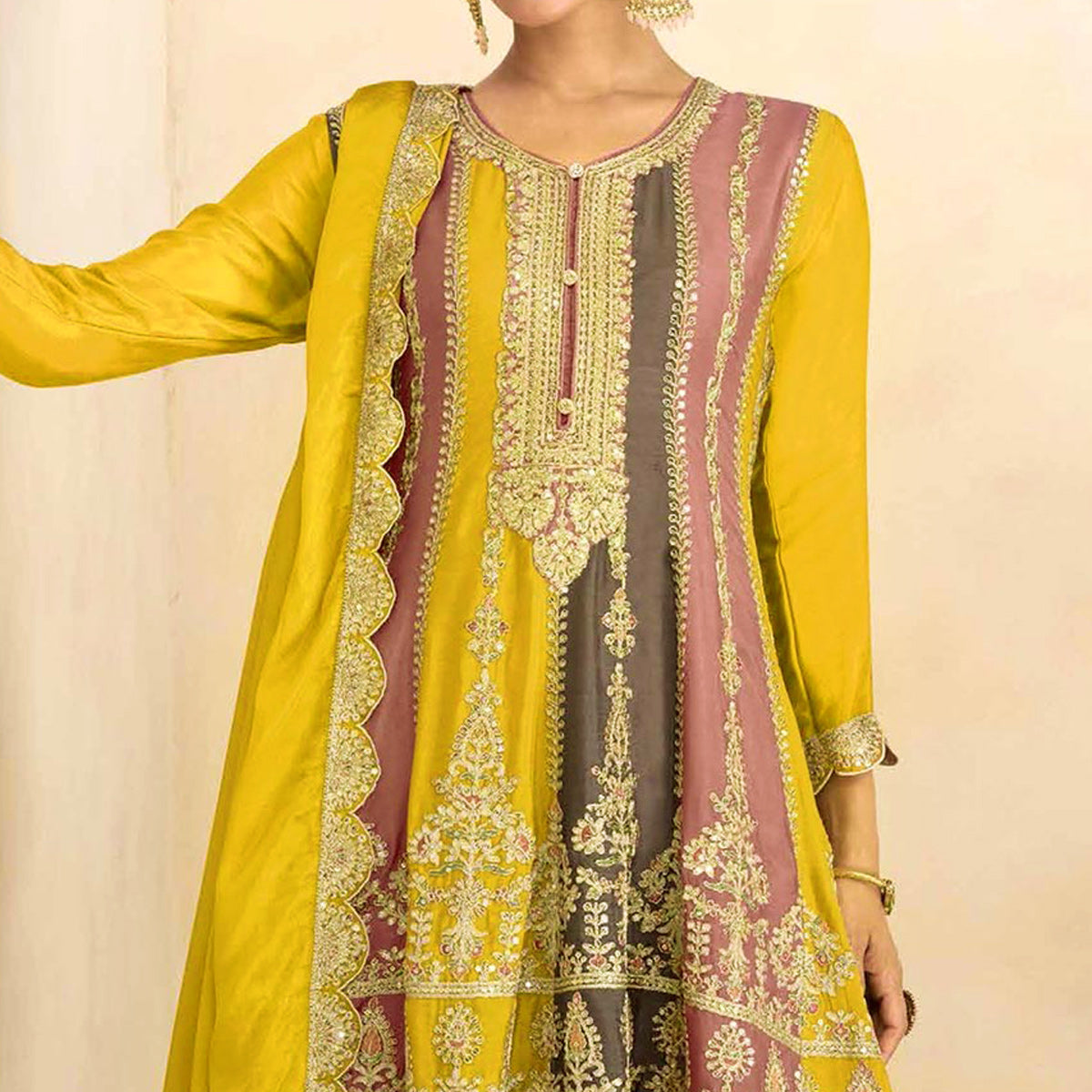 Yellow Sequins Embroidered Chinon Semi Stitched Sharara Suit