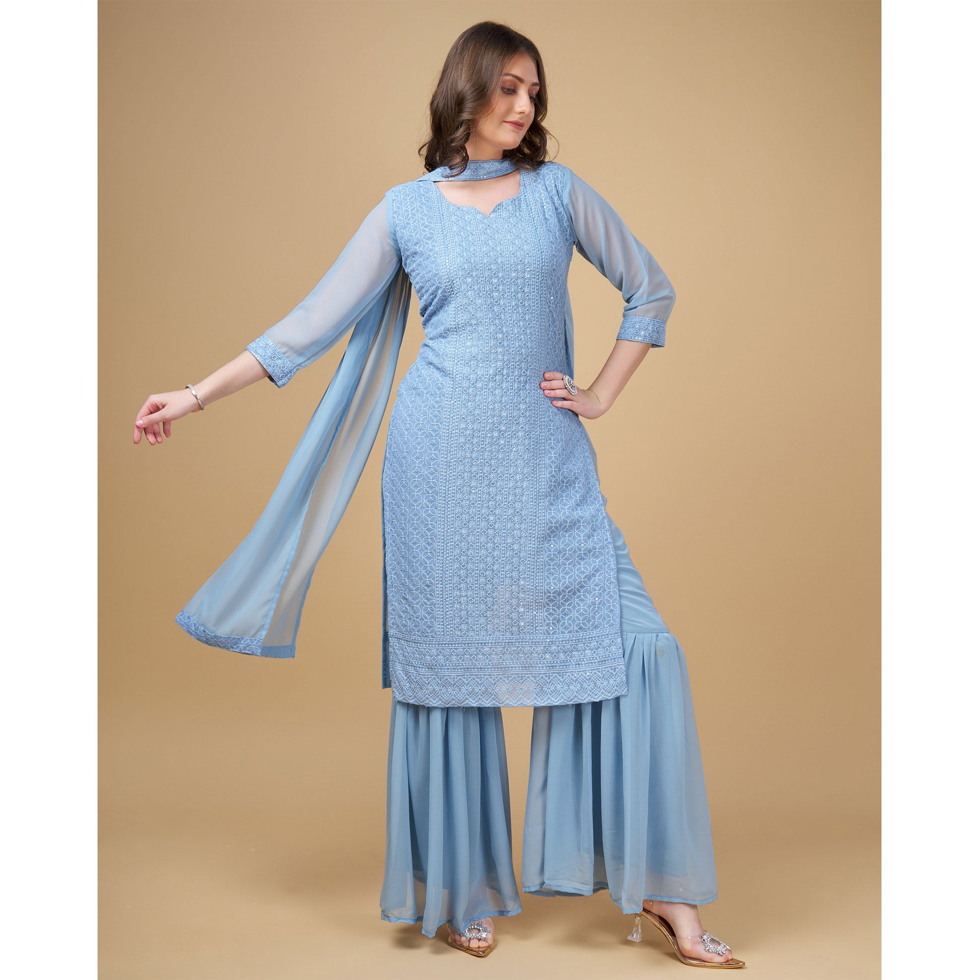 Sky Blue Embroidered Georgette Kurti Sharara Suit