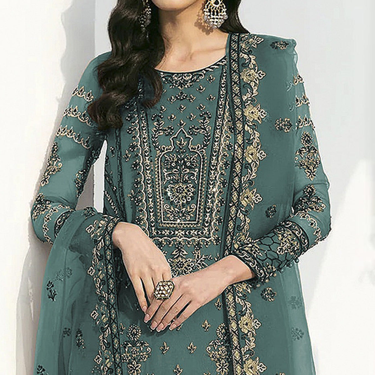 Green Floral Embroidered Georgette Semi Stitched Pakistani Suit