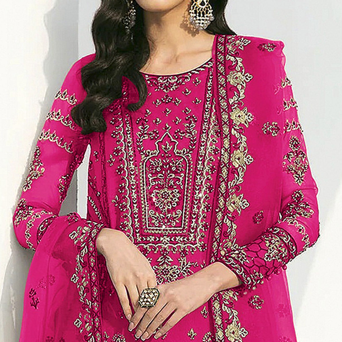 Pink Floral Embroidered Georgette Semi Stitched Pakistani Suit