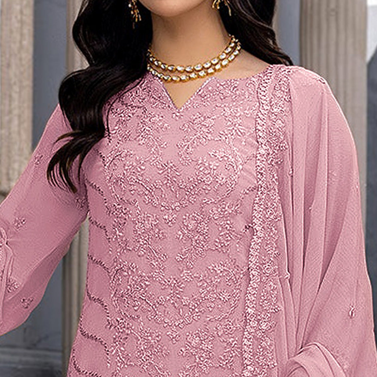 Pink Floral Embroidered Georgette Semi Stitched Suit