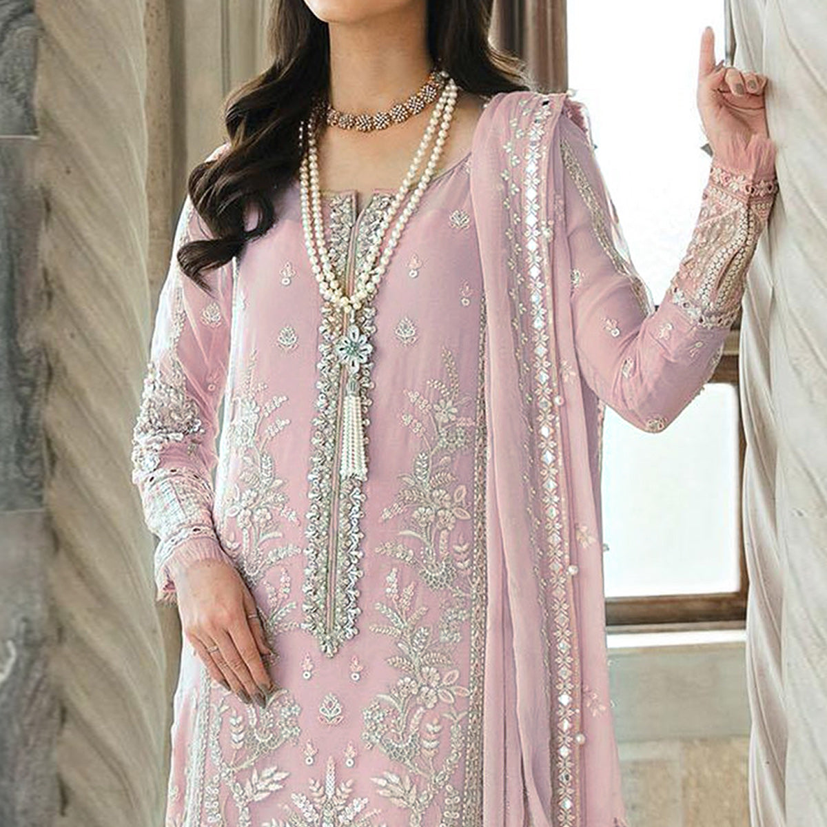 Pink Floral Sequins Embroidered Georgette Semi Stitched Suit