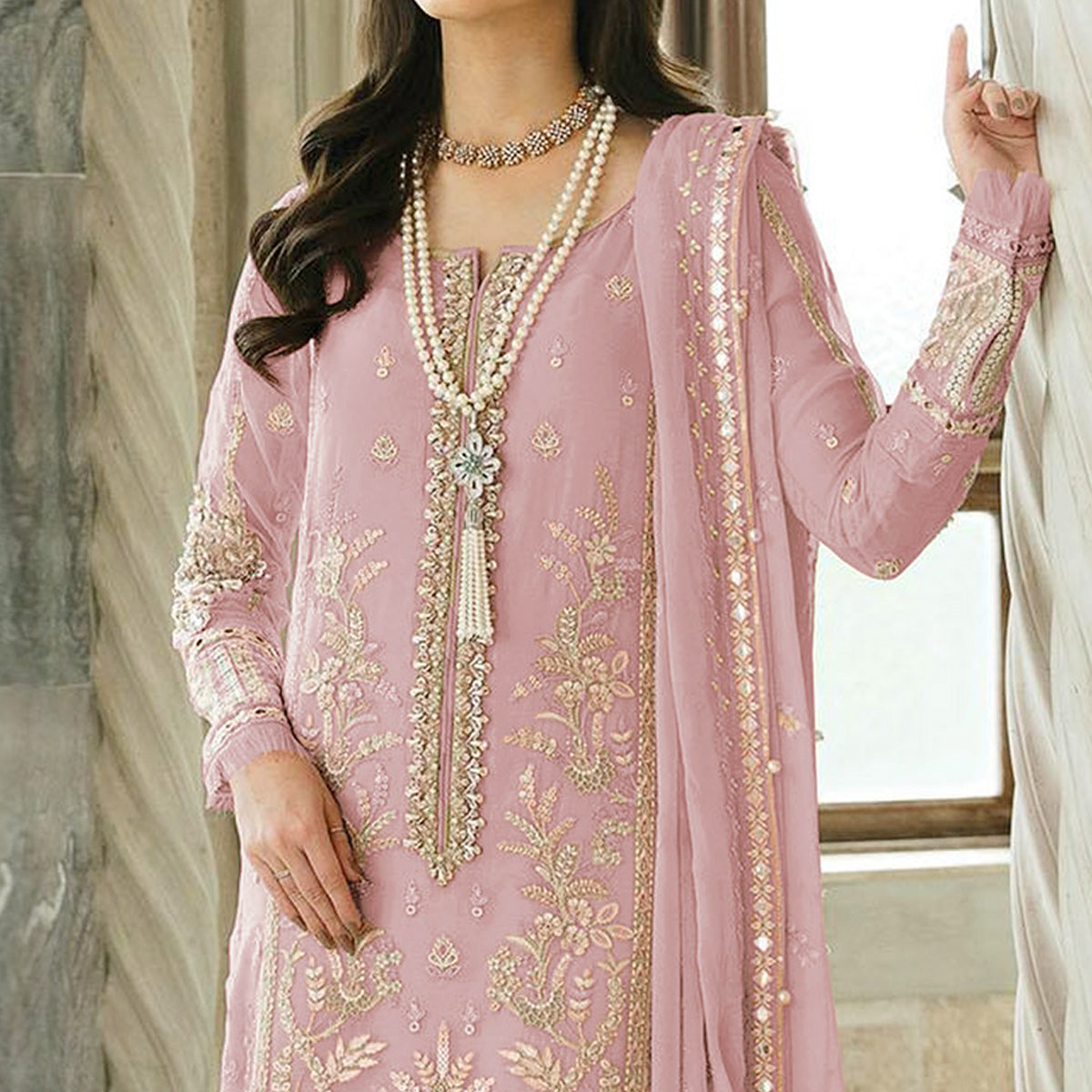 Peach Floral Sequins Embroidered Georgette Semi Stitched Suit