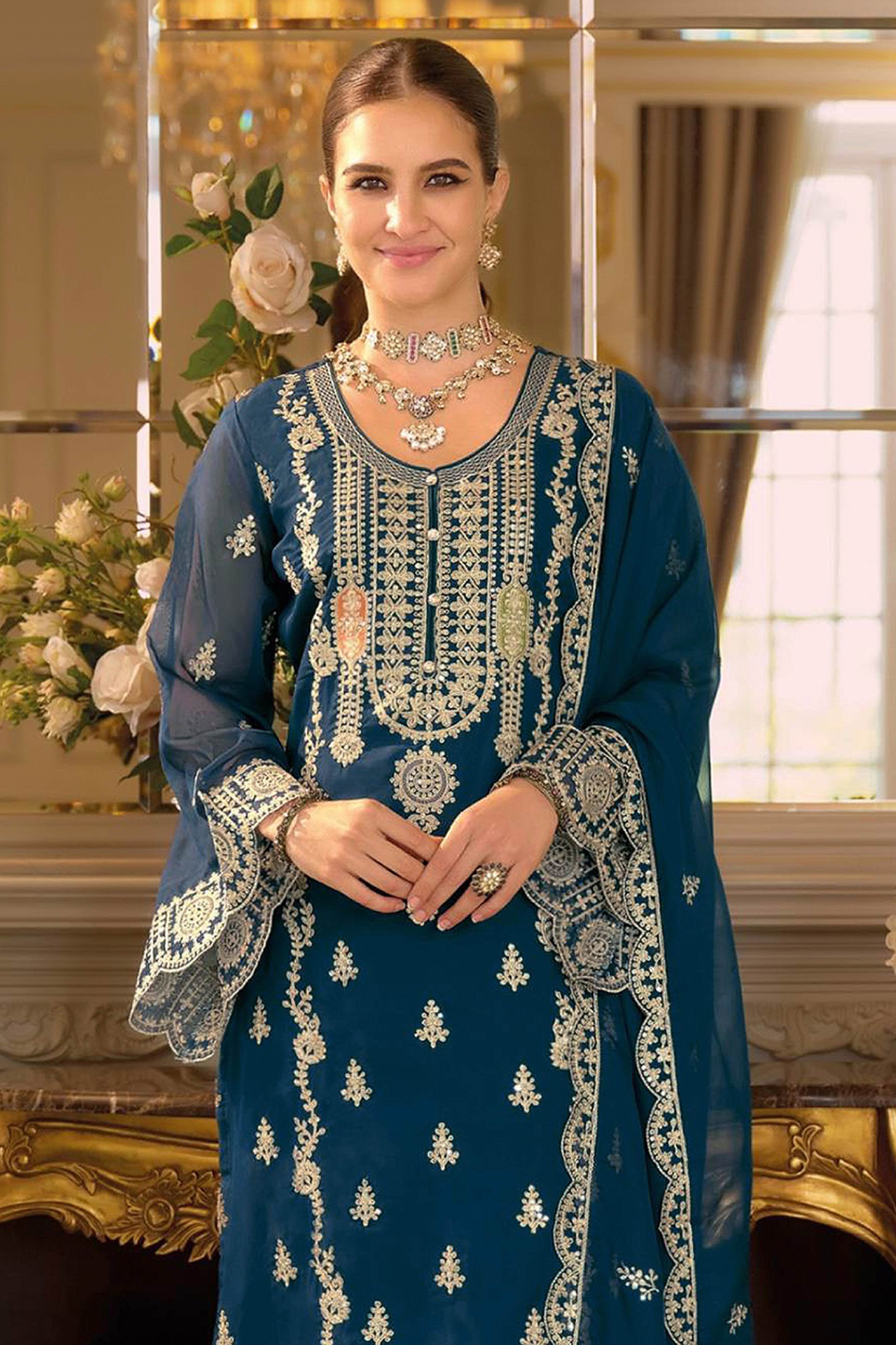 Teal Chinon Semi-Stitched Pakistani Salwar Suit with Elegant Golden Thread Embroidery