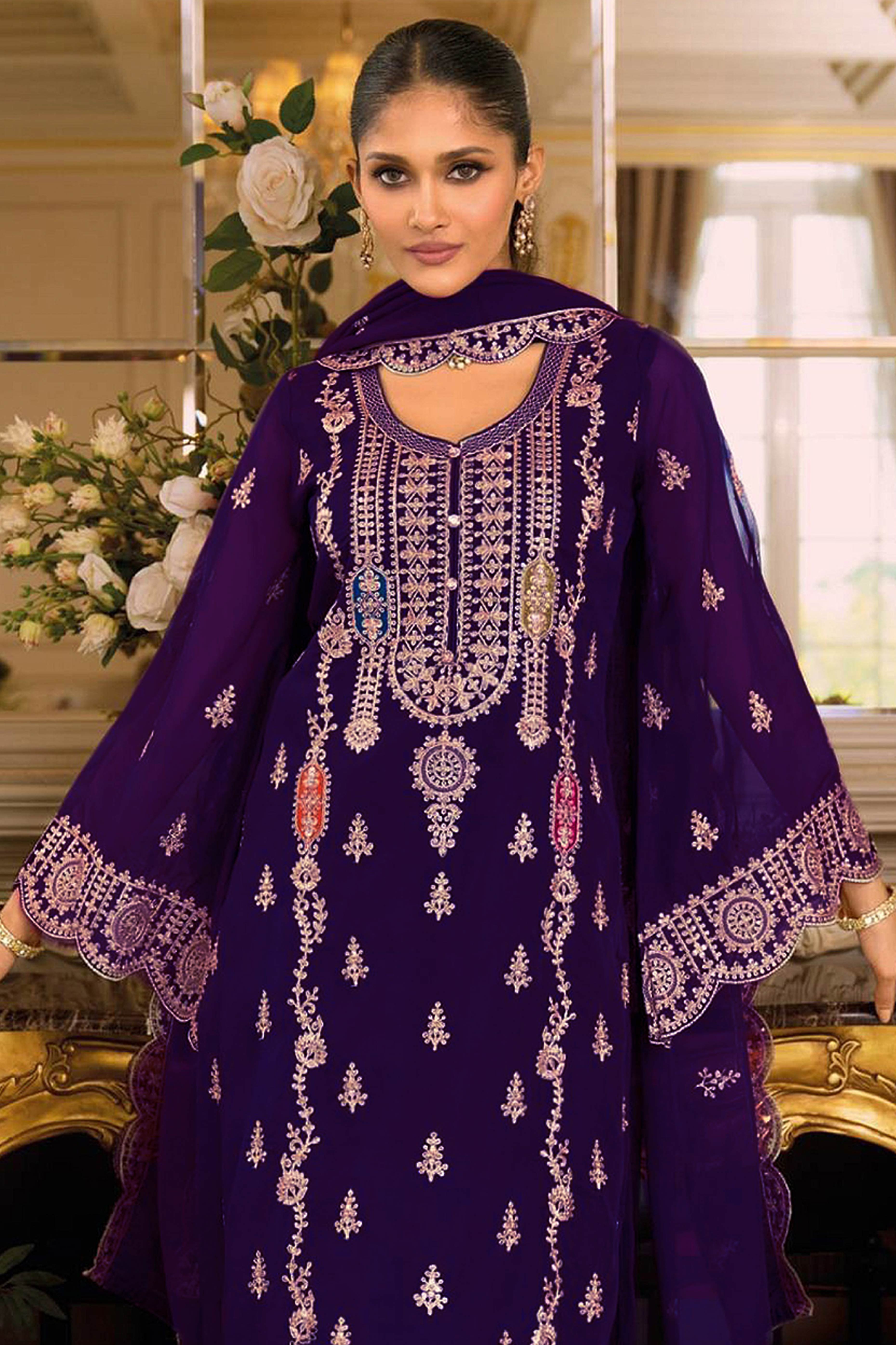 Violet Chinon Semi-Stitched Pakistani Salwar Suit with Elegant Golden Thread Embroidery