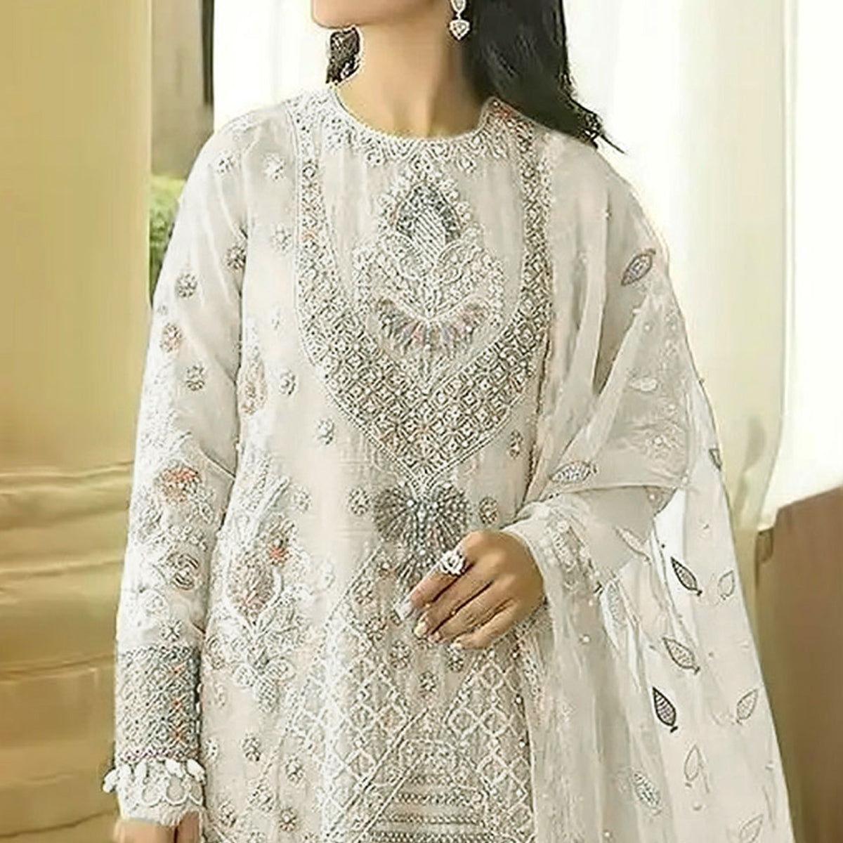 Cream Floral Embroidered Georgette Semi Stitched Pakistani Suit
