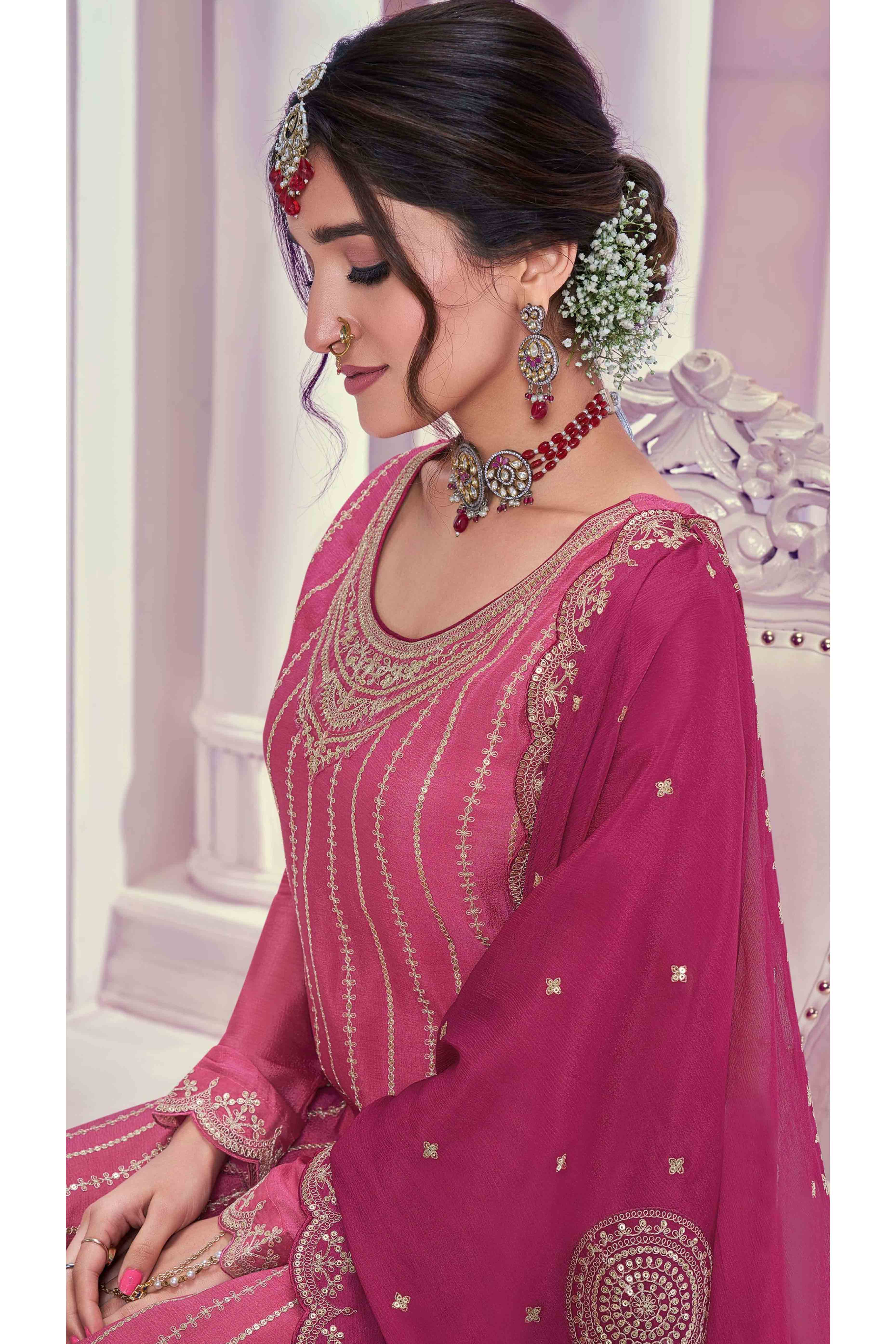 Pink Sequins Embroidered Chinon Sharara Suit