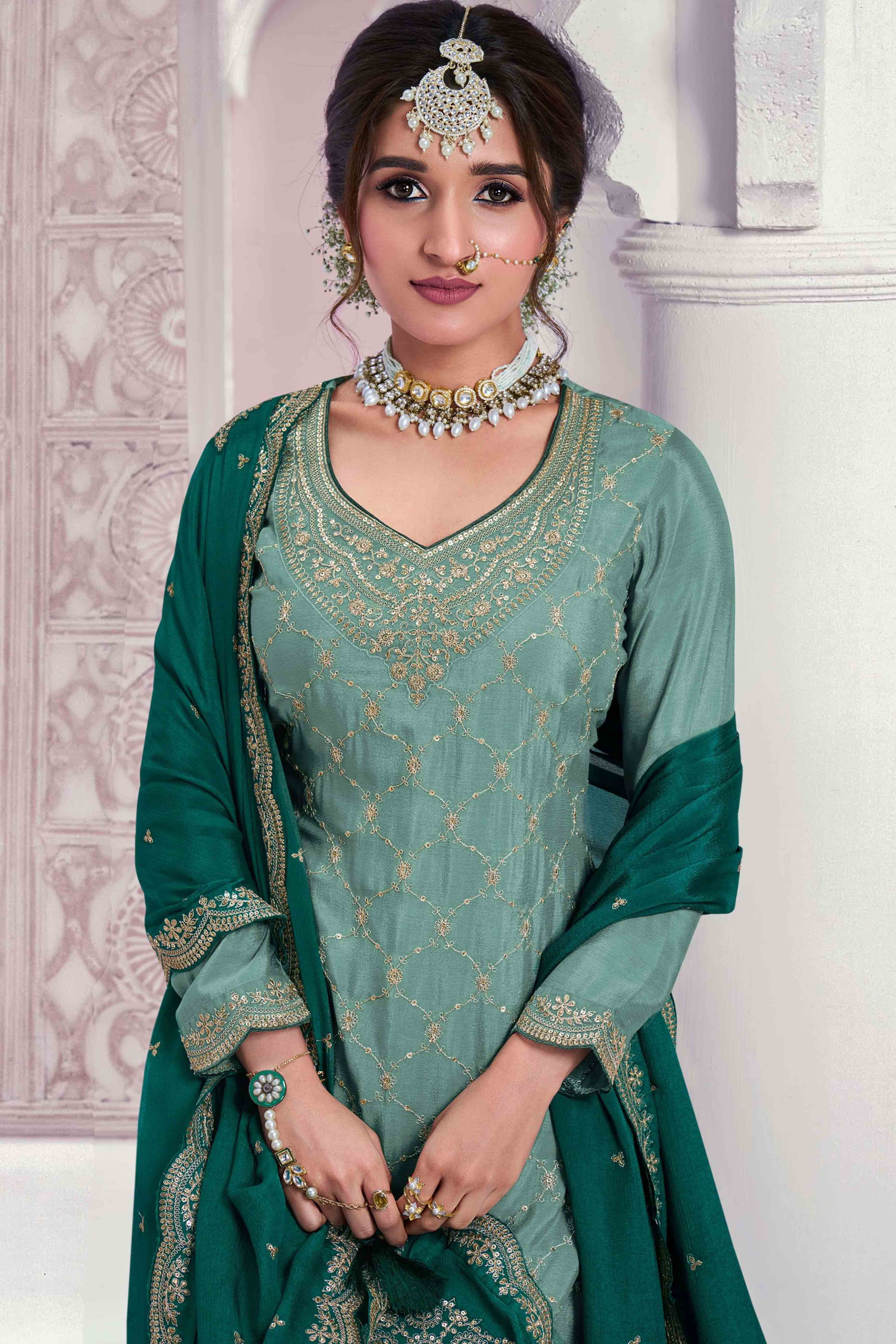 Turquoise Sequins Embroidered Chinon Sharara Suit