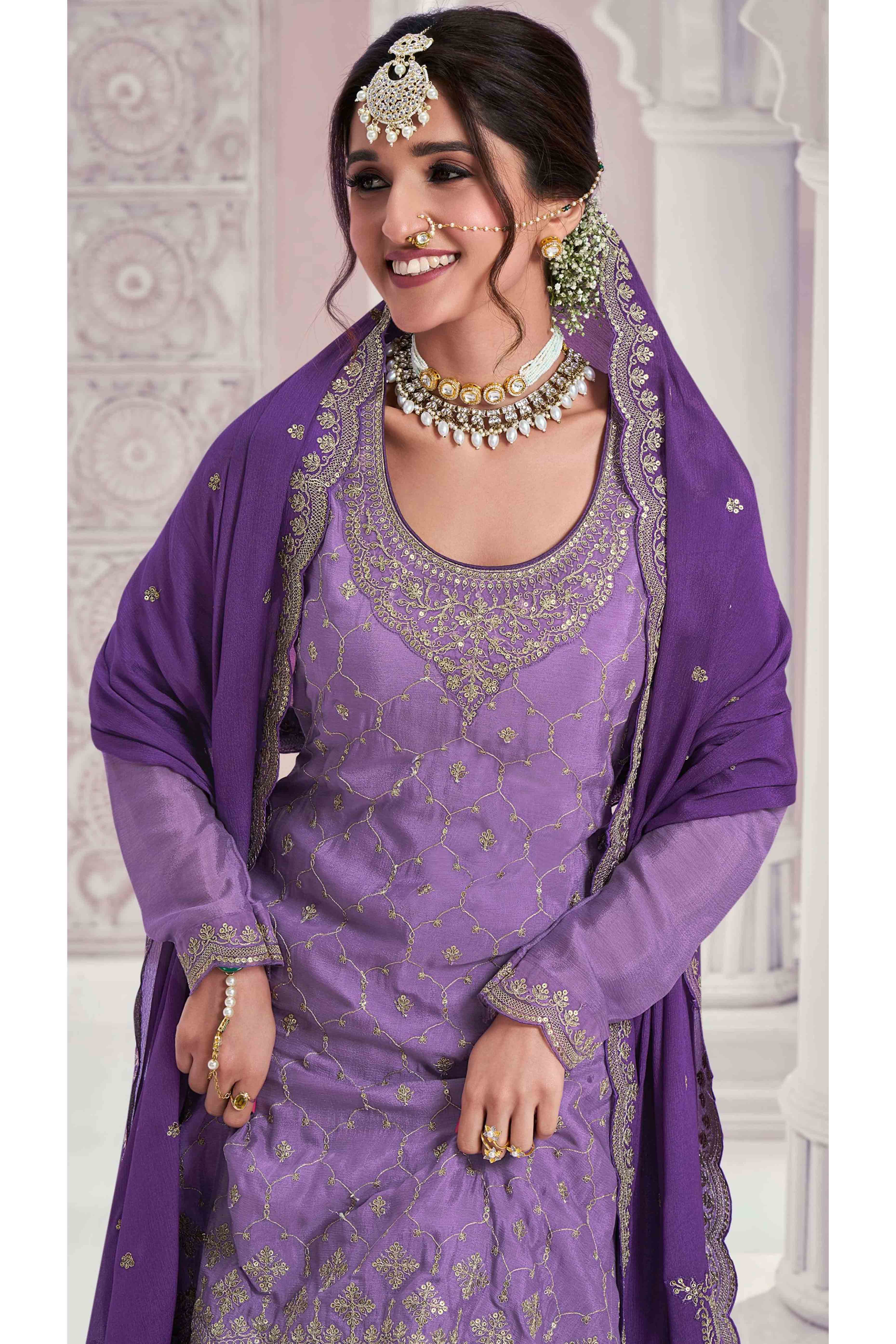 Lavender Sequins Embroidered Chinon Sharara Suit