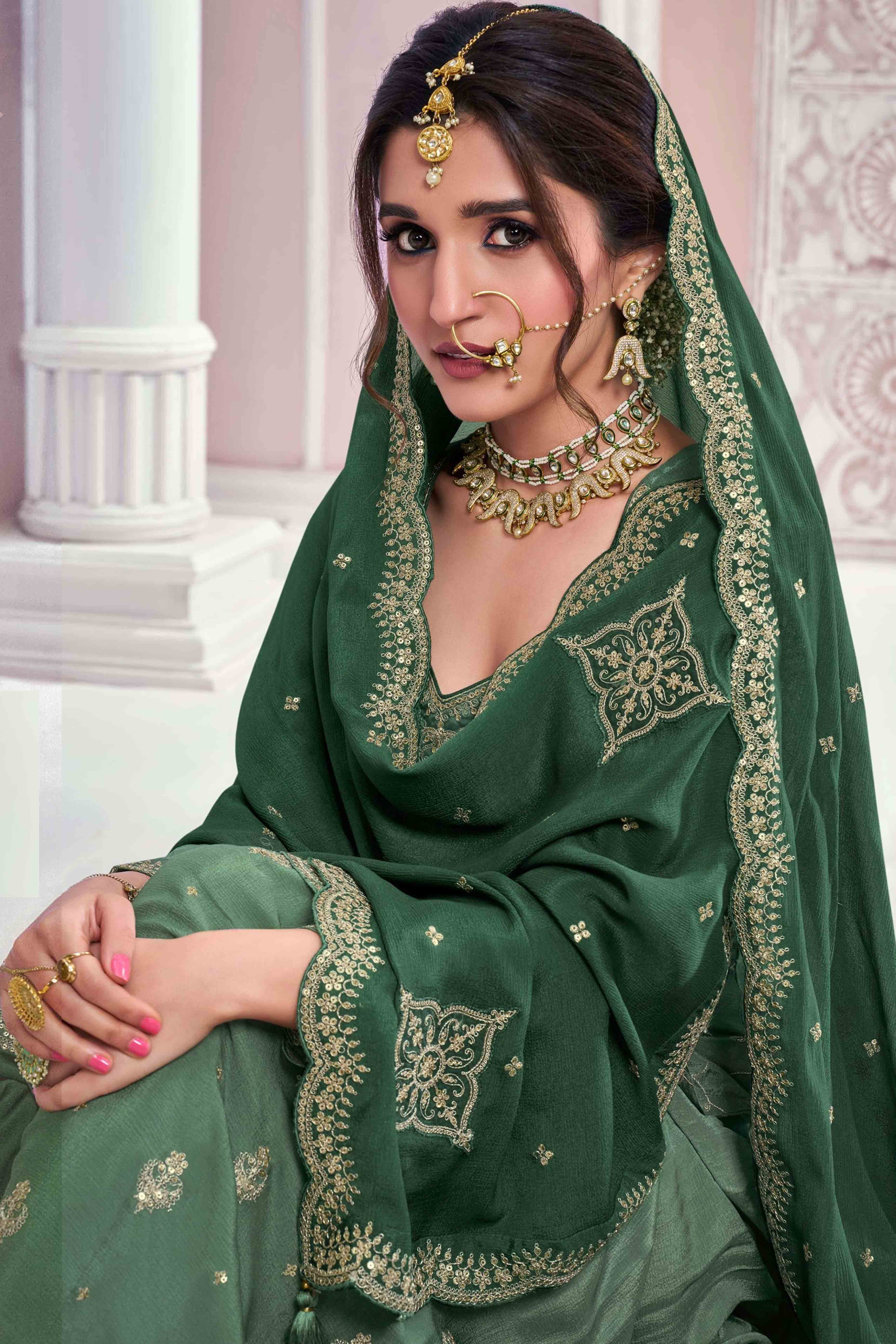 Green Sequins Embroidered Chinon Sharara Suit