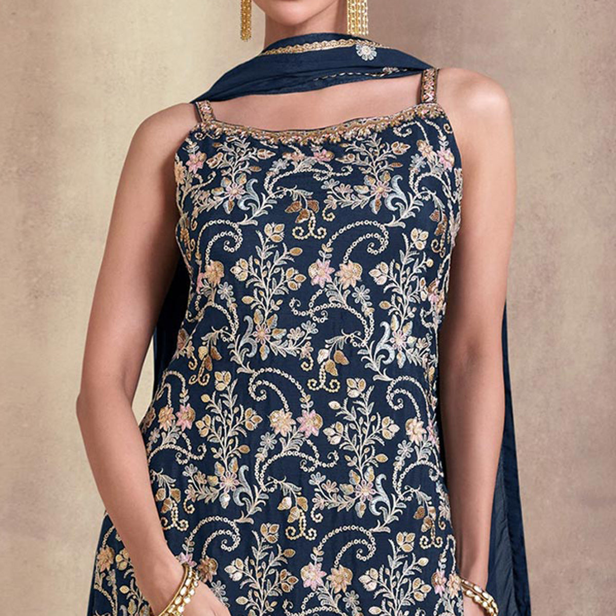 Teal Embroidered Georgette Semi Stitched Dress Material