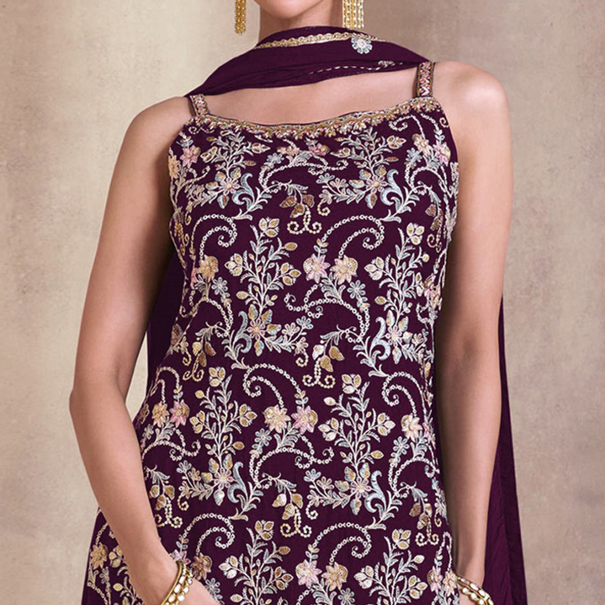 Purple Embroidered Georgette Semi Stitched Dress Material