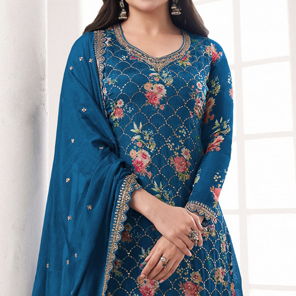 Teal Embroidered Chinon Semi Stitched Dress Material