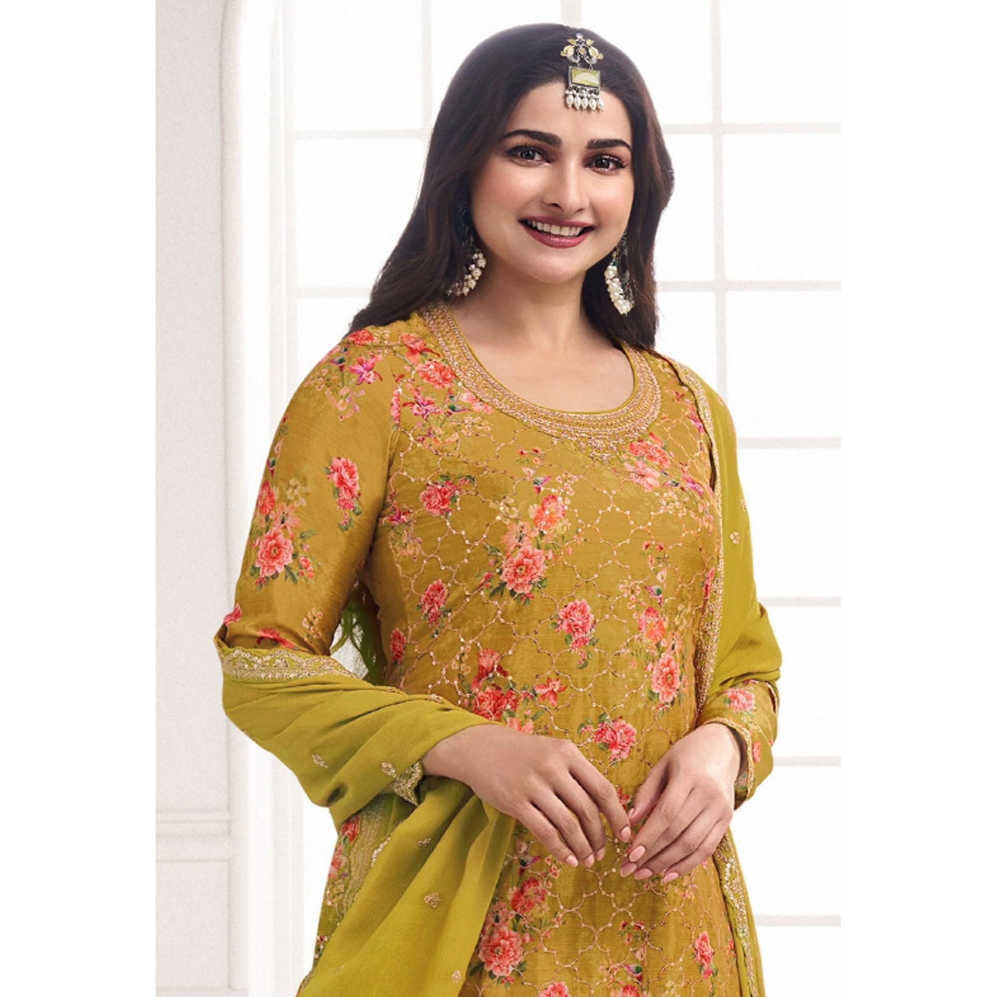 Mustard Embroidered Chinon Semi Stitched Dress Material