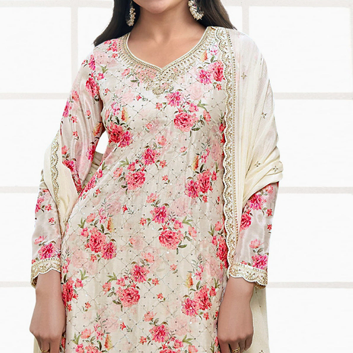 Cream Embroidered Chinon Semi Stitched Dress Material