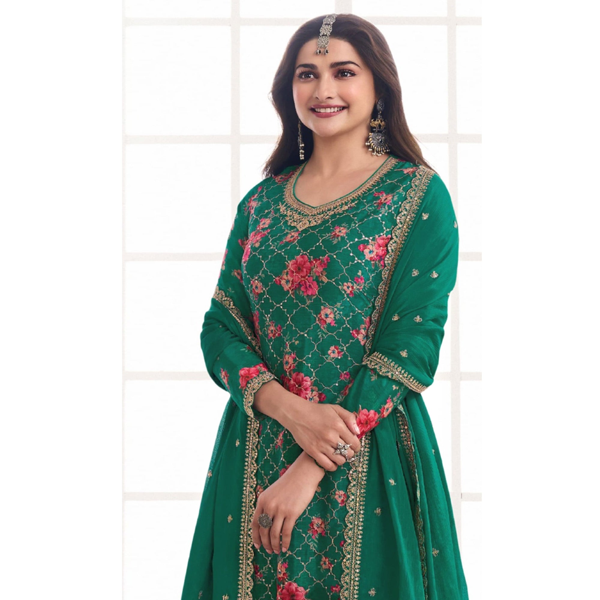 Green Embroidered Chinon Semi Stitched Dress Material