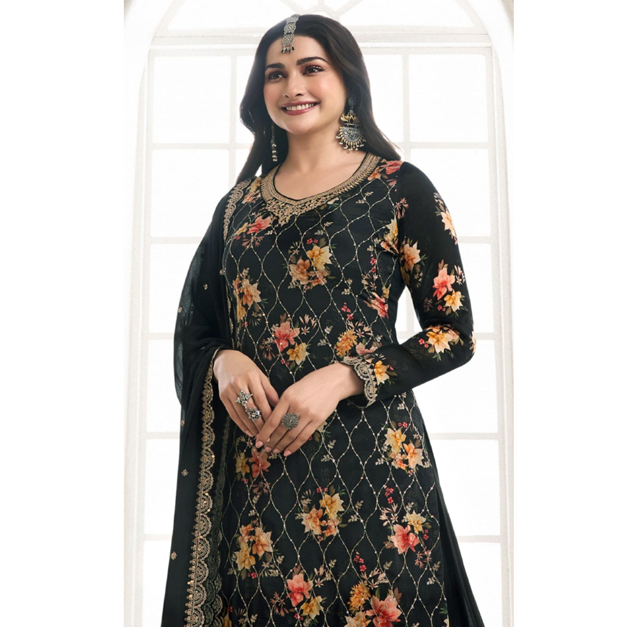 Black Embroidered Chinon Semi Stitched Dress Material