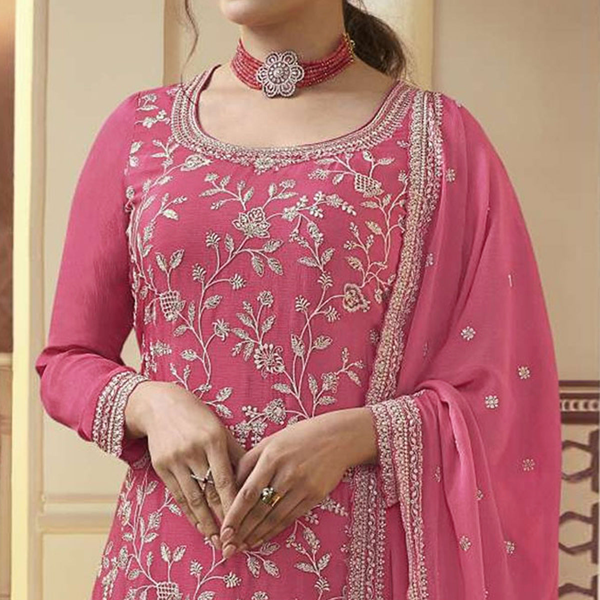 Pink Floral Embroidered Chinon Sharara Salwar Suit