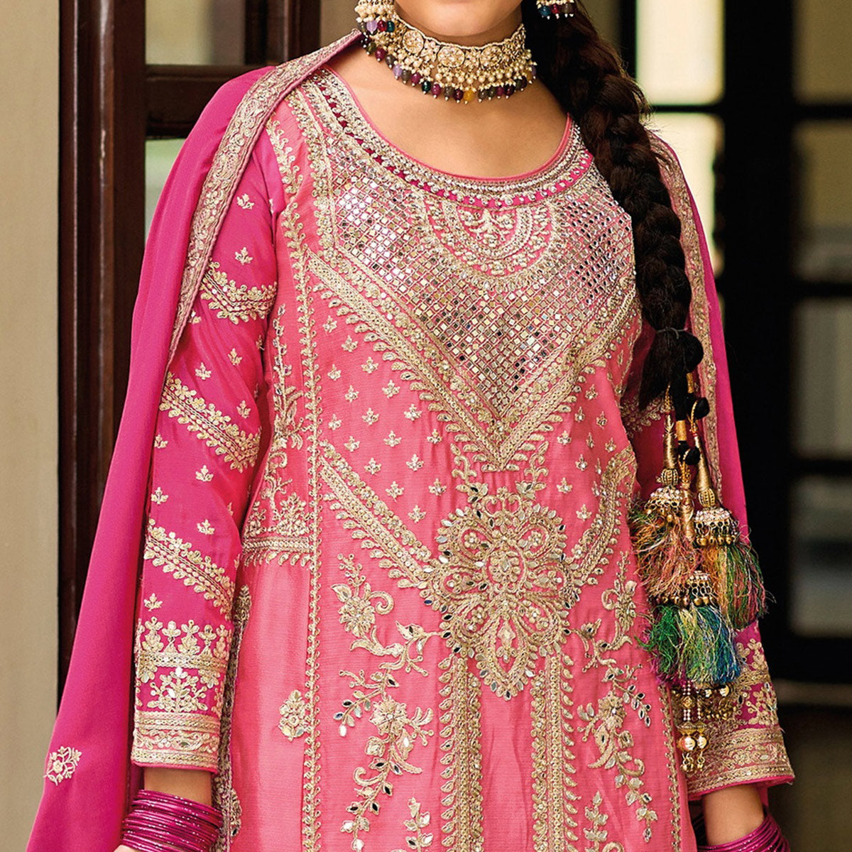 Pink Floral Embroidered Chinon Palazzo Suit