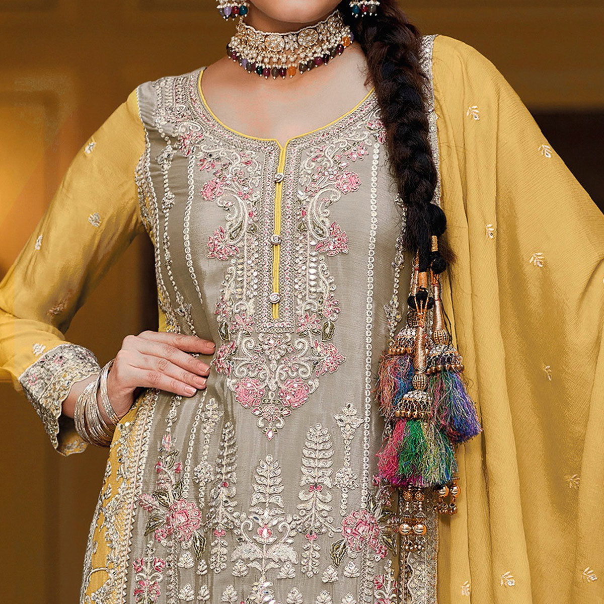 Grey Floral Embroidered Chinon Palazzo Suit