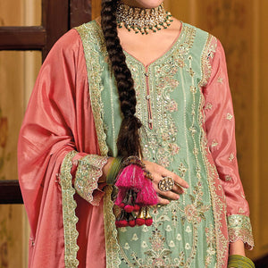 Green Floral Embroidered Chinon Palazzo Suit
