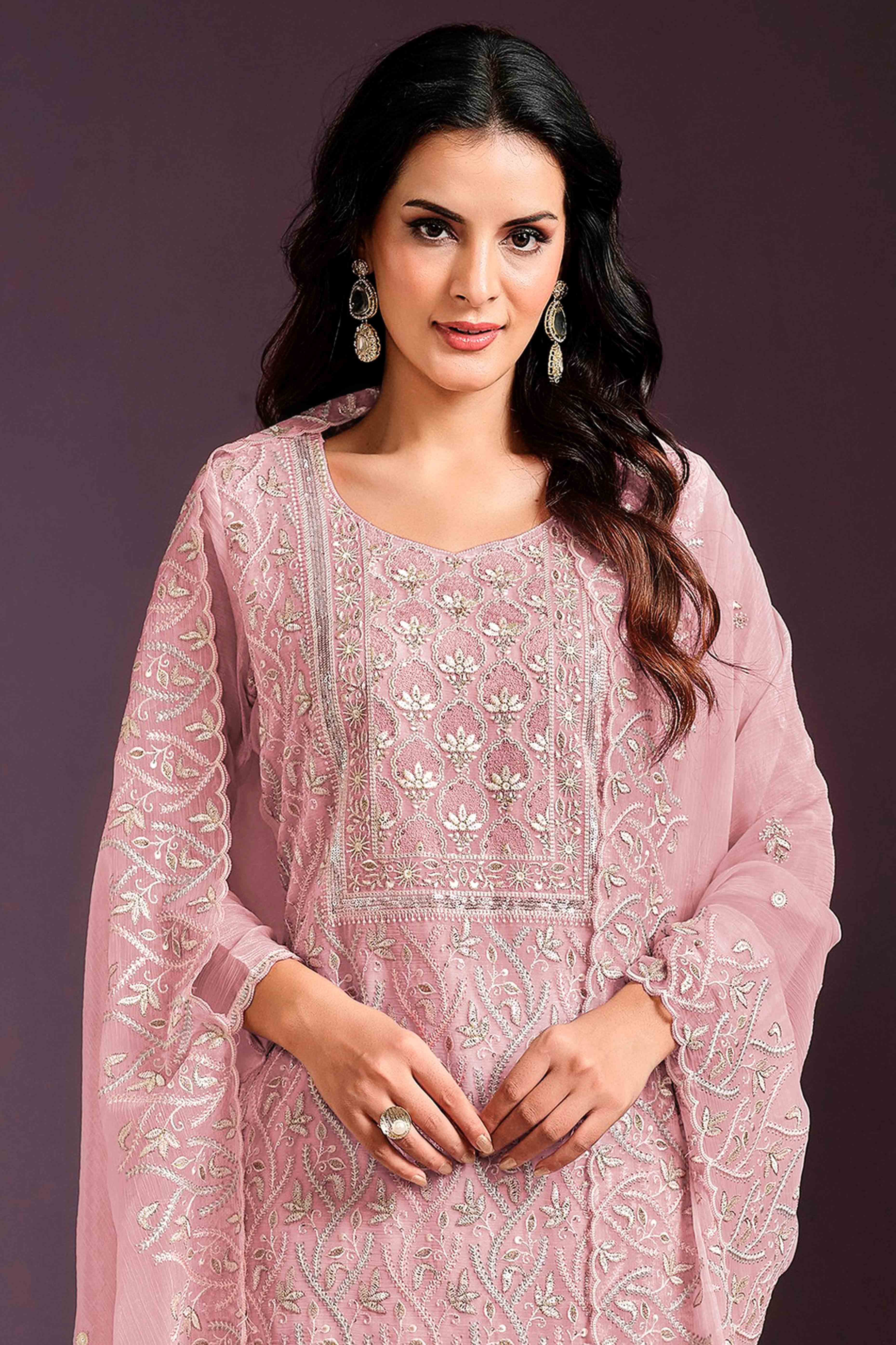 Pink Floral Sequins Embroidered Chinon Semi Stitched Suit