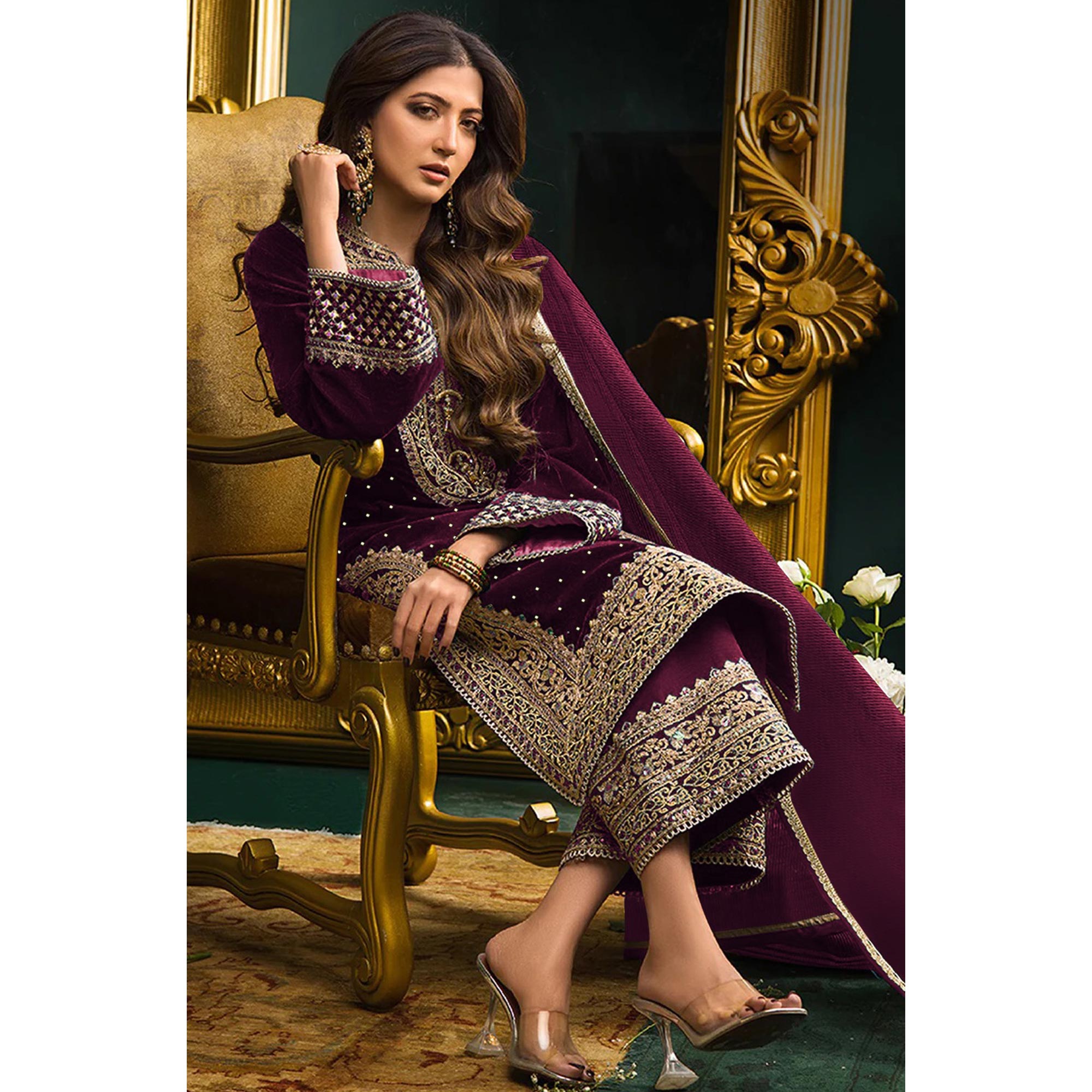 Wine Embroidered Velvet Semi Stitched Salwar Suit
