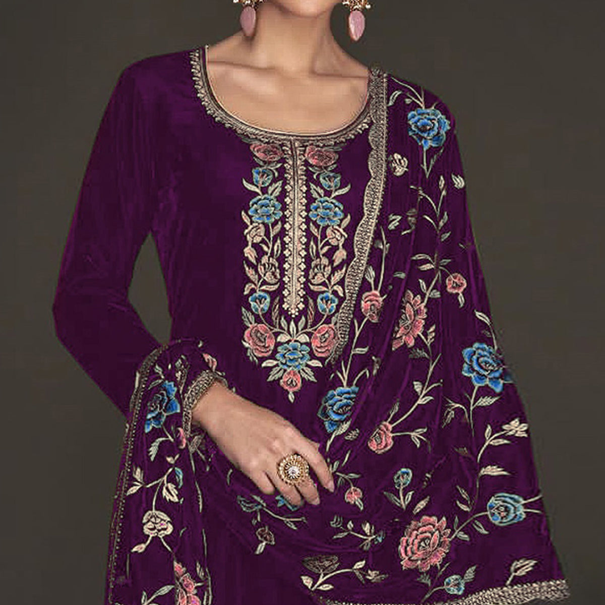 Purple Floral Embroidered Velvet Semi Stitched Suit