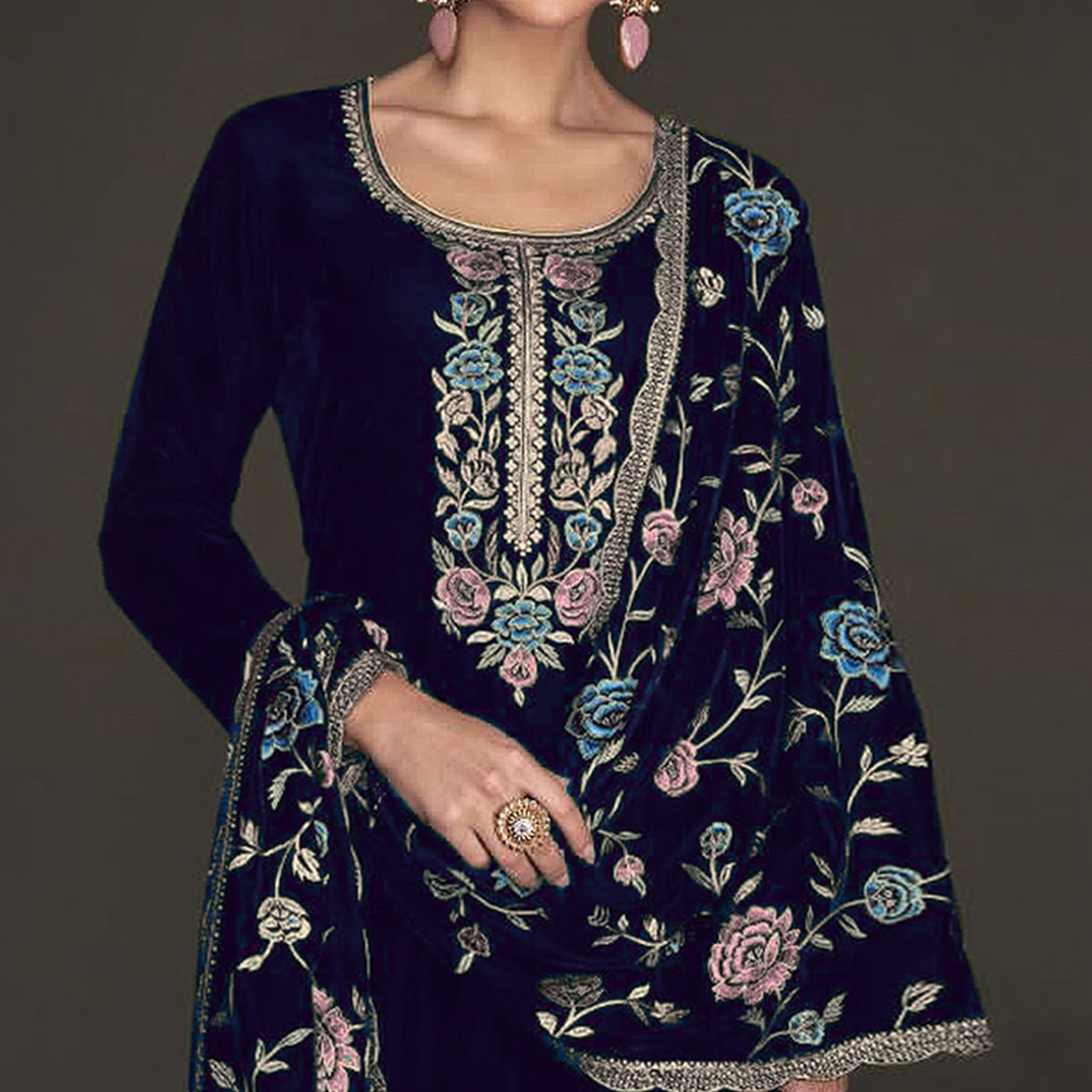 Blue Floral Embroidered Velvet Semi Stitched Suit