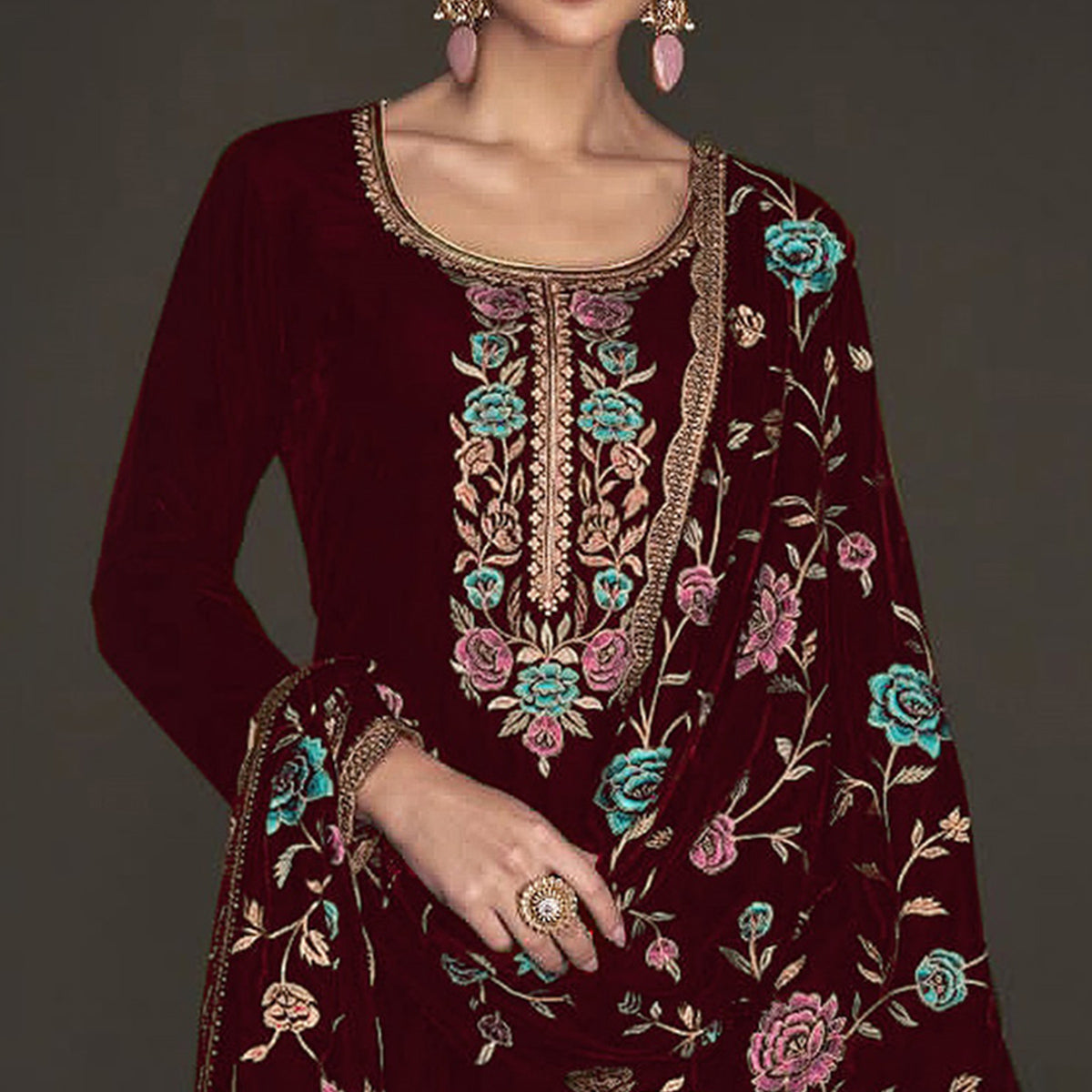 Maroon Floral Embroidered Velvet Semi Stitched Suit