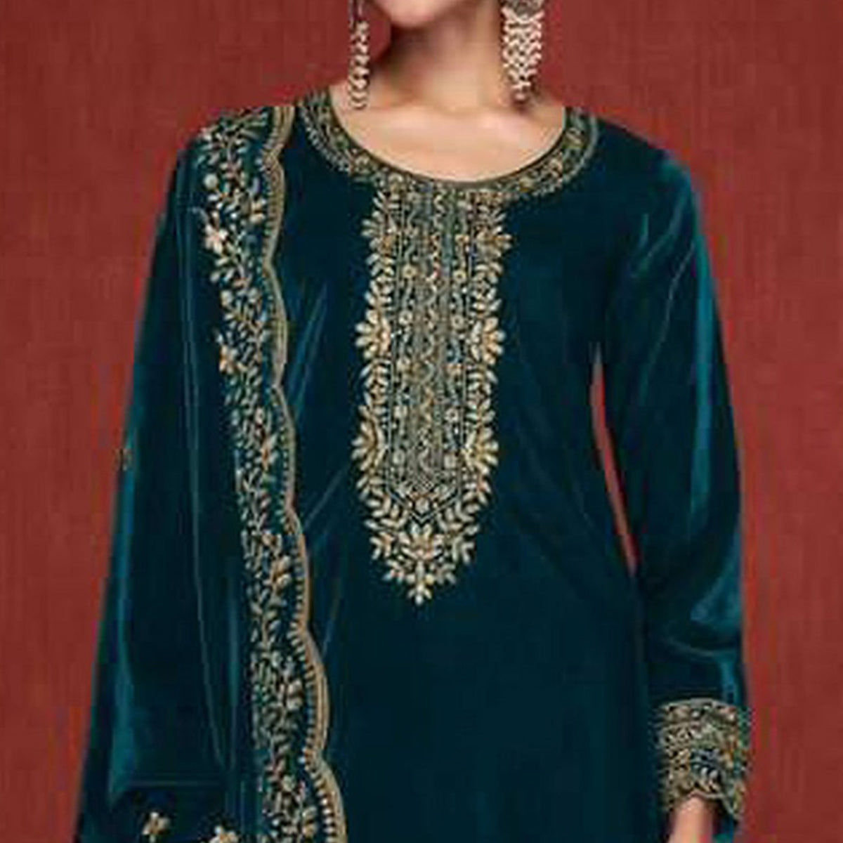 Morpich Floral Embroidered Velvet Semi Stitched Suit