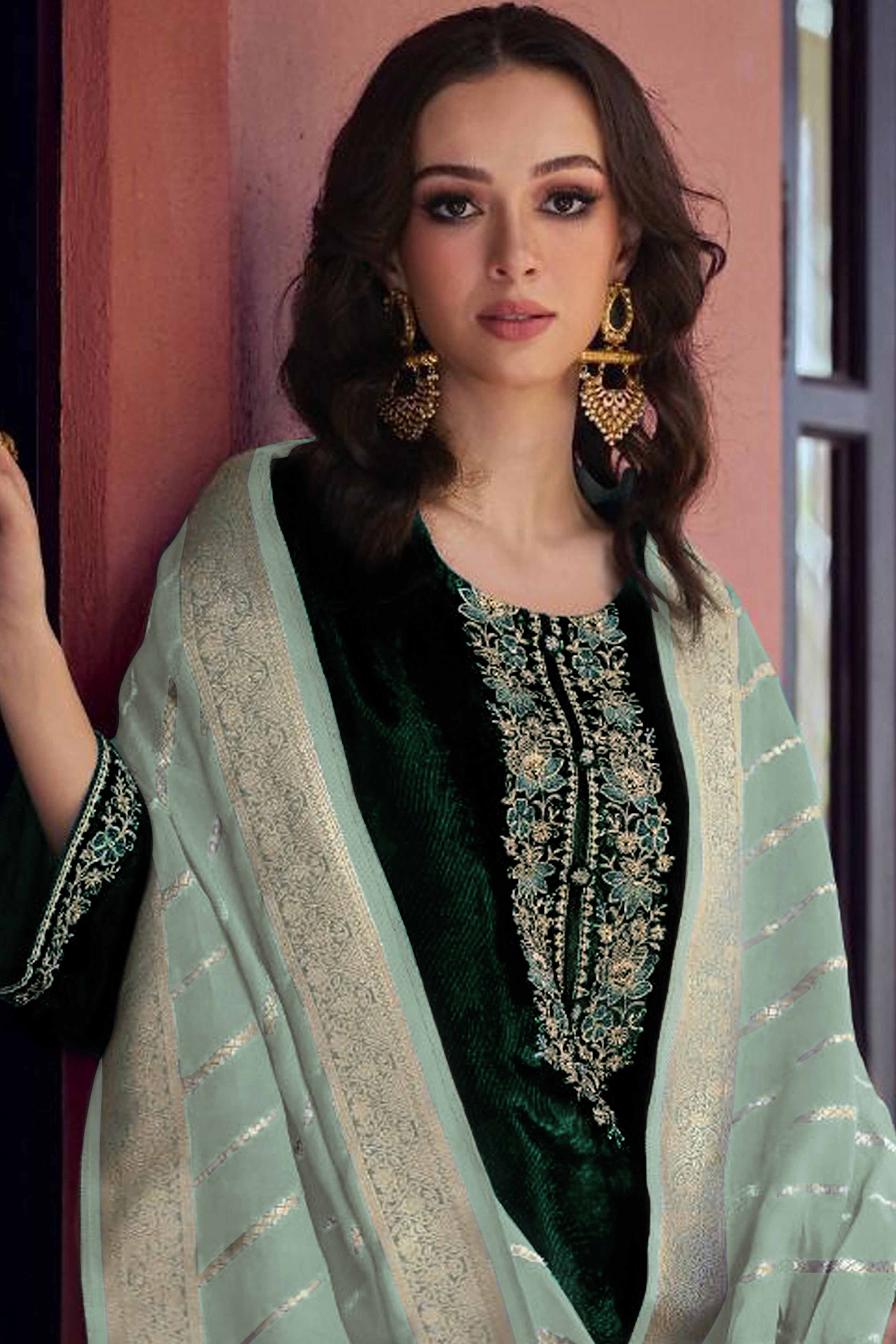 Green Embroidered Velvet Semi-Stitched Salwar Suit