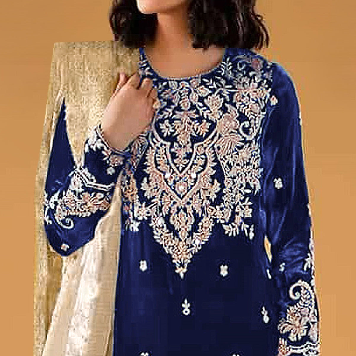 Blue Floral Embroidered Velvet Semi Stitched Suit