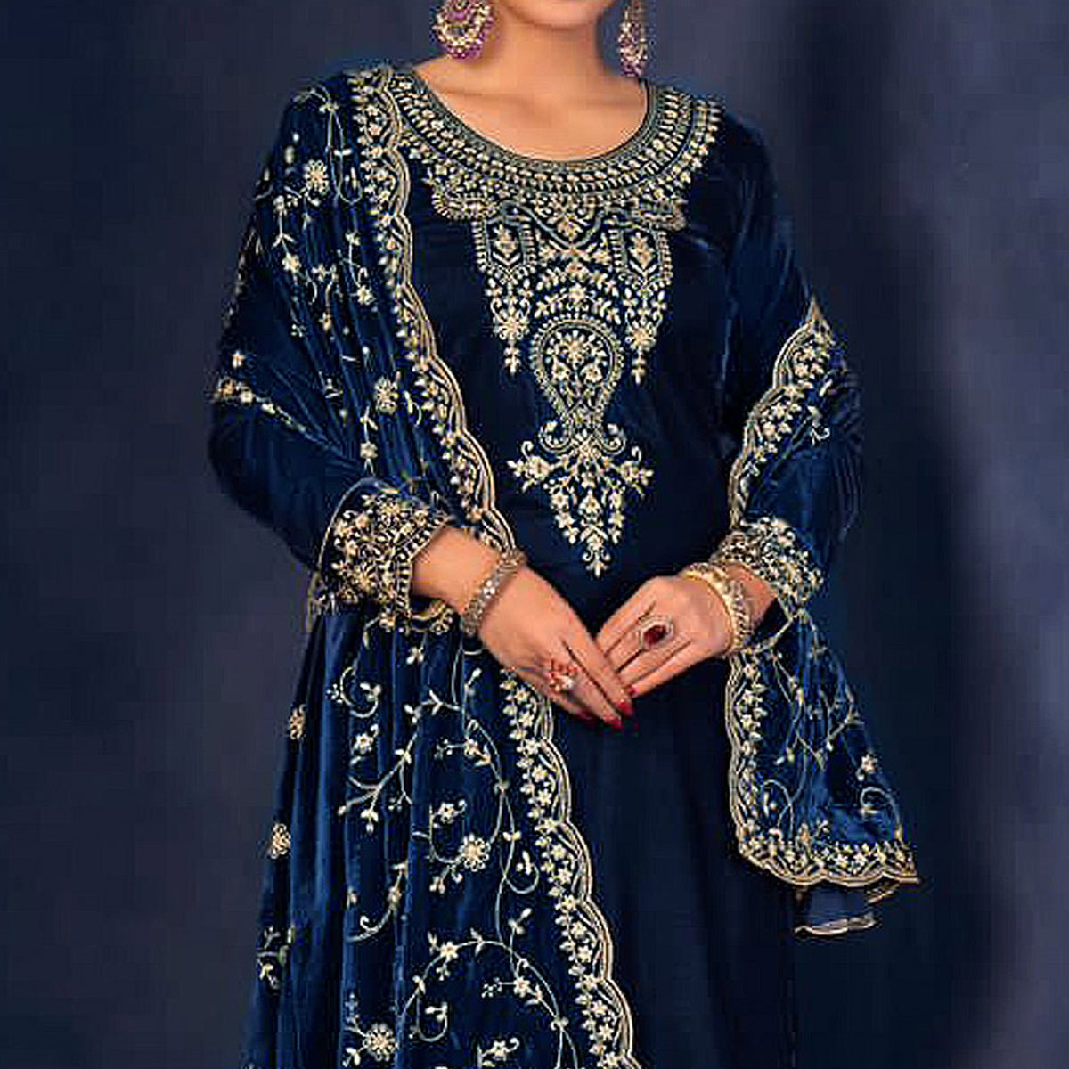 Blue Floral Sequins Embroidered Velvet Semi Stitched Suit