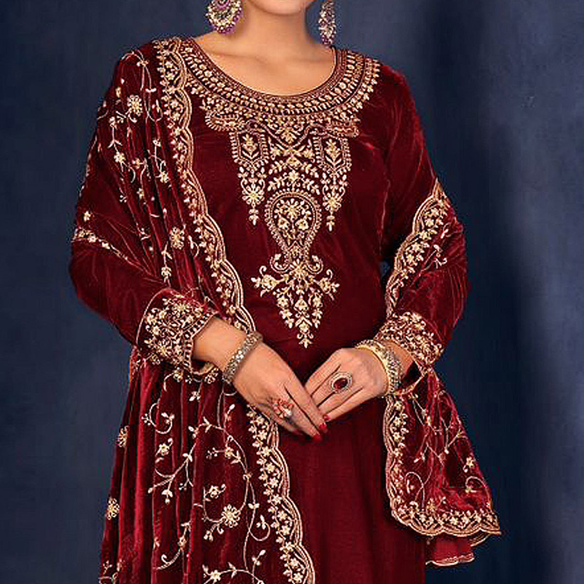 Maroon Floral Sequins Embroidered Velvet Semi Stitched Suit