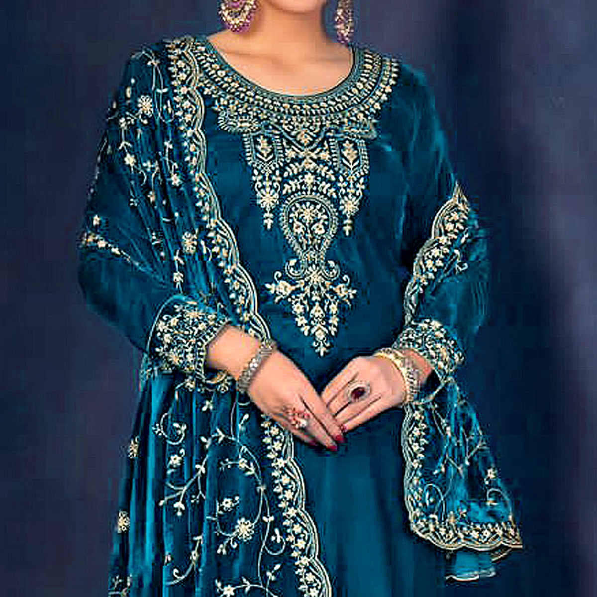 Morpich Floral Sequins Embroidered Velvet Semi Stitched Suit