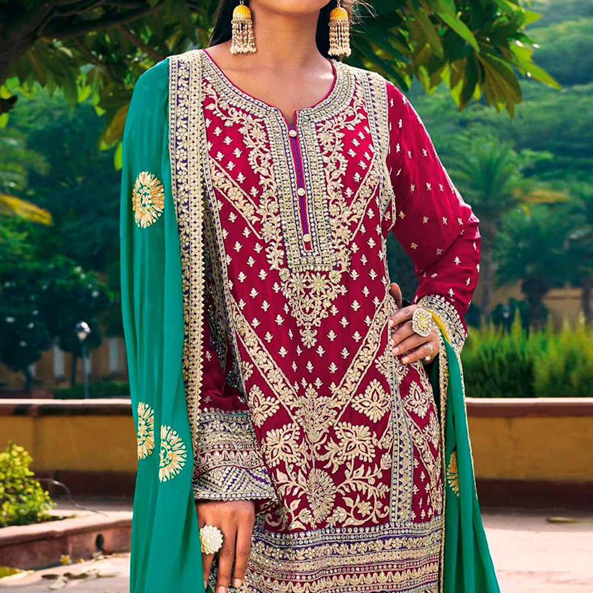 Pink & Purple Sequins Embroidered Chinon Semi Stitched Salwar Suit