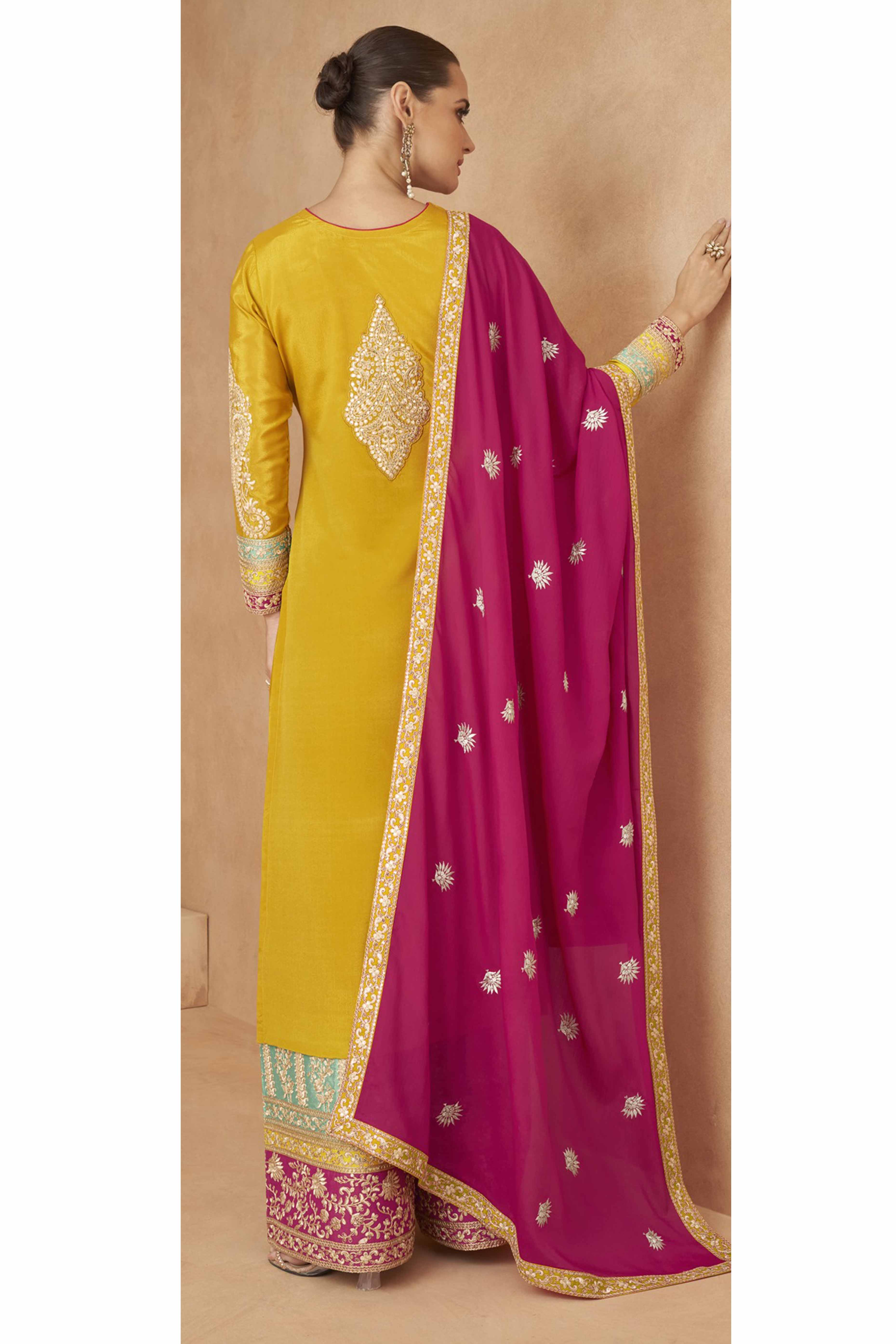 Mustard Embroidered Sequins Work Chinon Semi-Stitched Salwar Suit