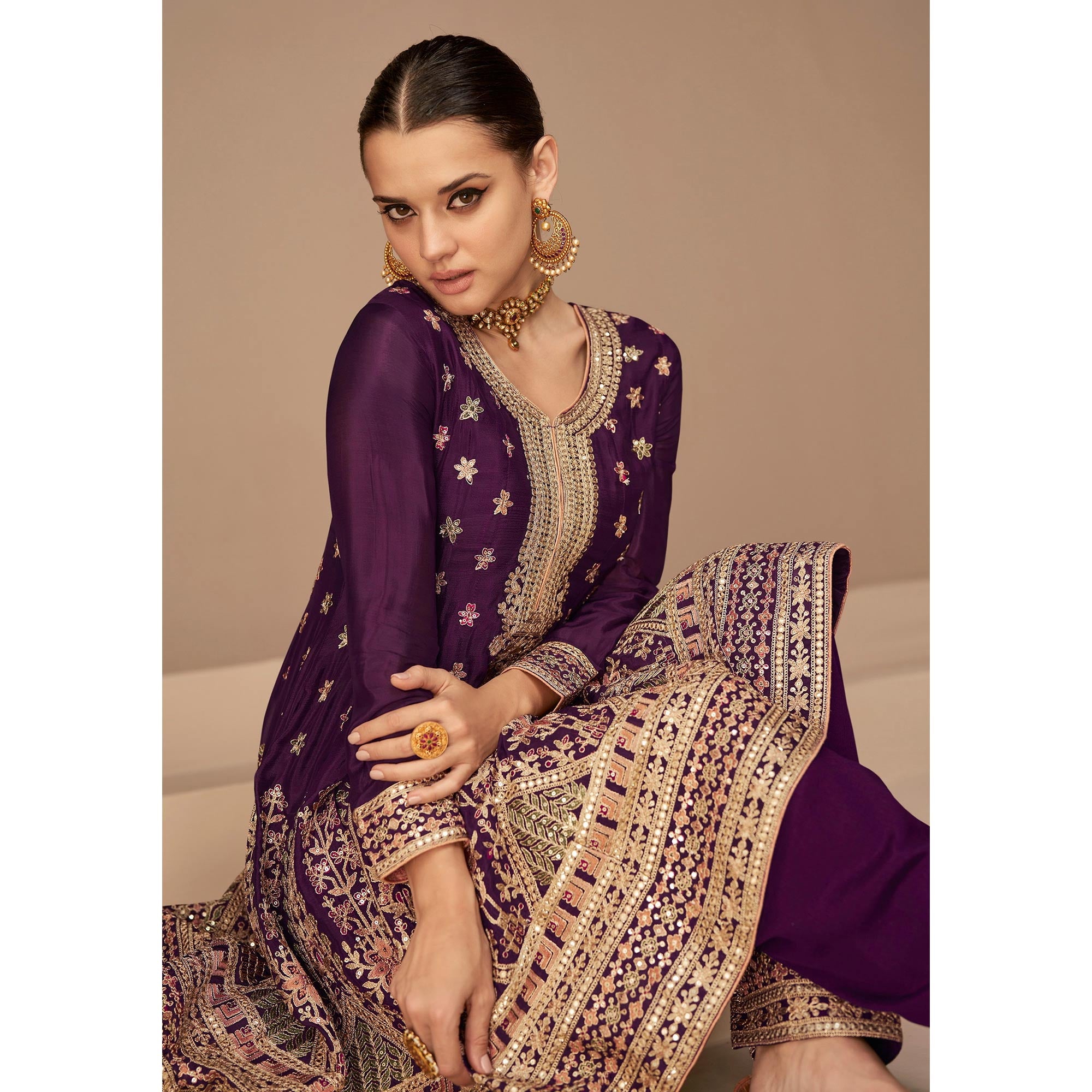 Wine Floral Embroidered Georgette Semi Stitched Suit