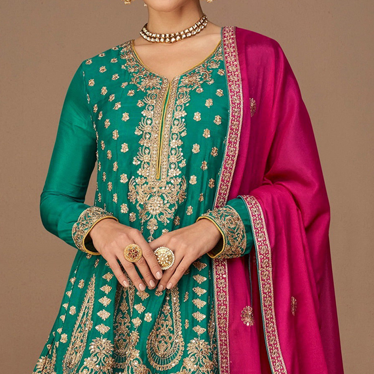 Rama Green & Mustard Floral Embroidered Georgette Semi Stitched Suit