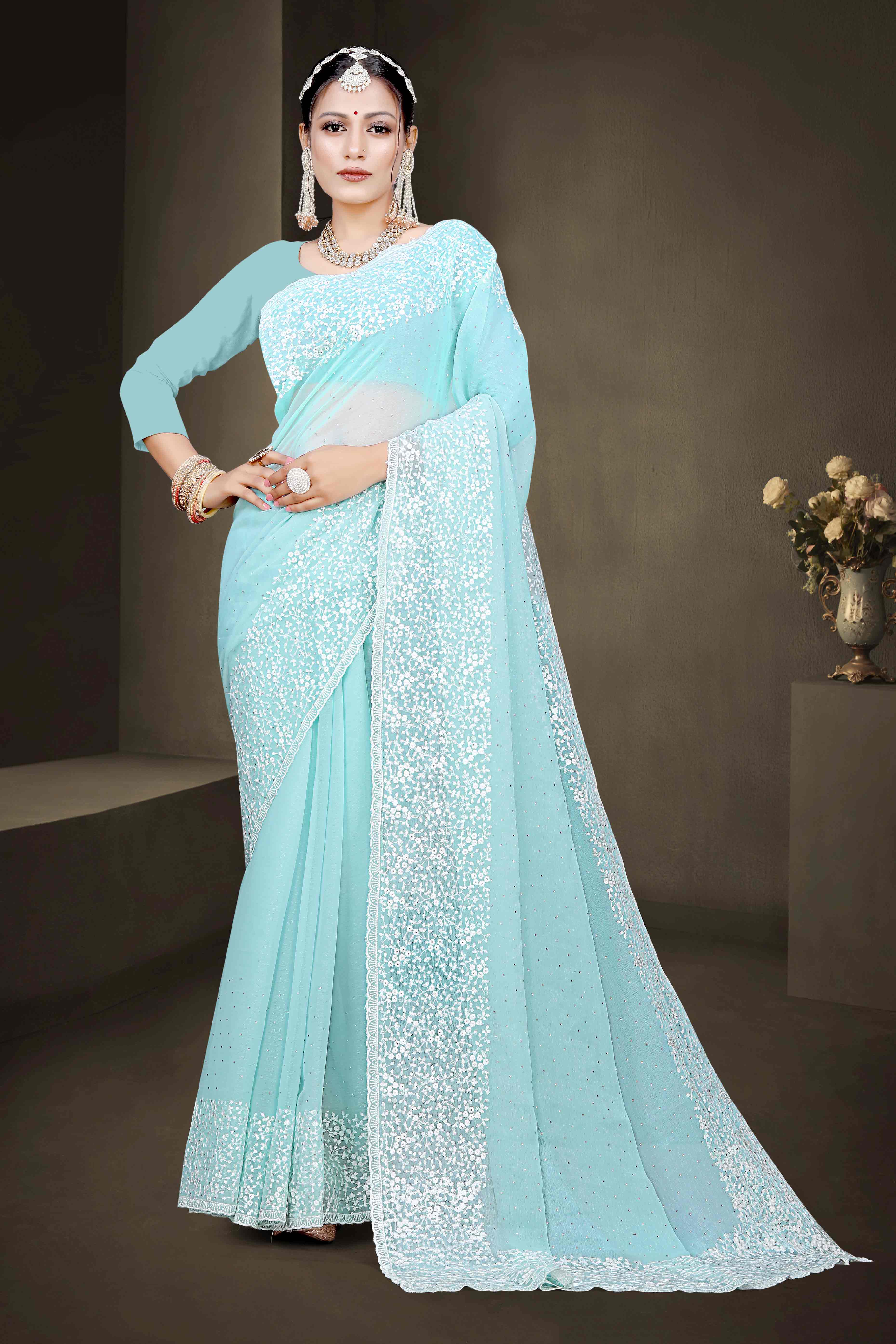 Blue Floral Embroidery With Stonework Chiffon Shimmer Saree