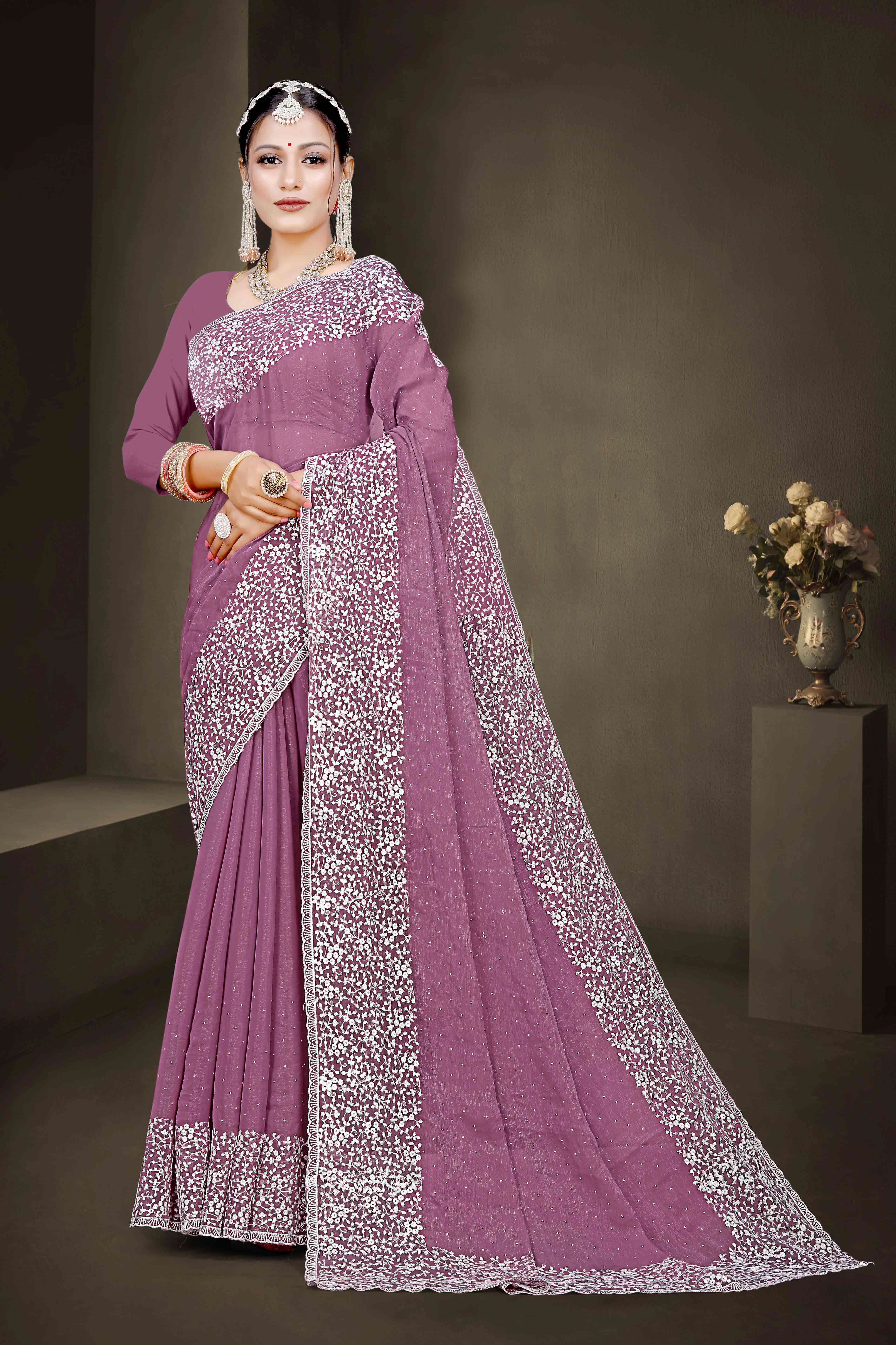 Mauve Floral Embroidery With Stonework Chiffon Shimmer Saree
