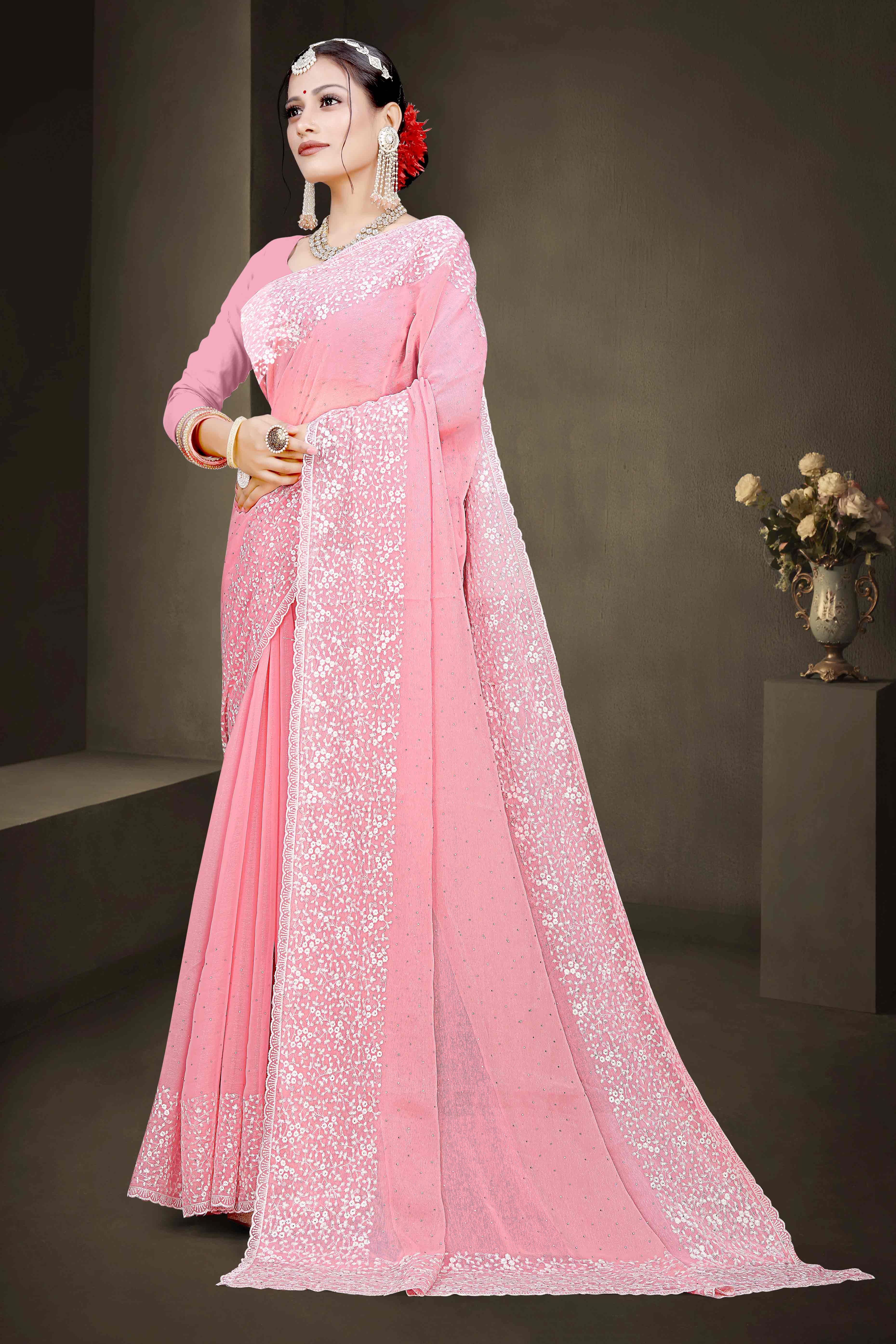 Pink Floral Embroidery With Stonework Chiffon Shimmer Saree