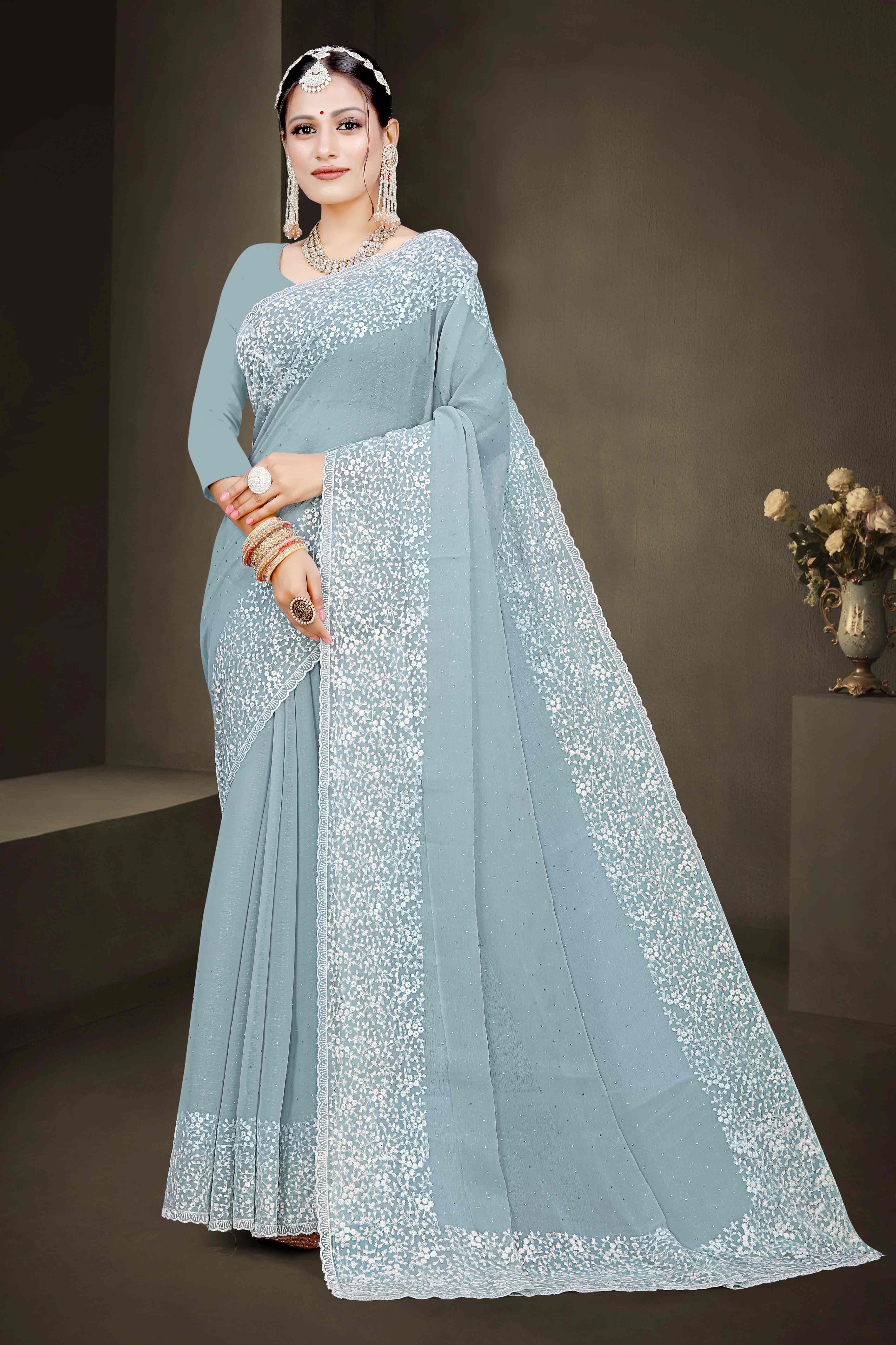 Grey Floral Embroidery With Stonework Chiffon Shimmer Saree
