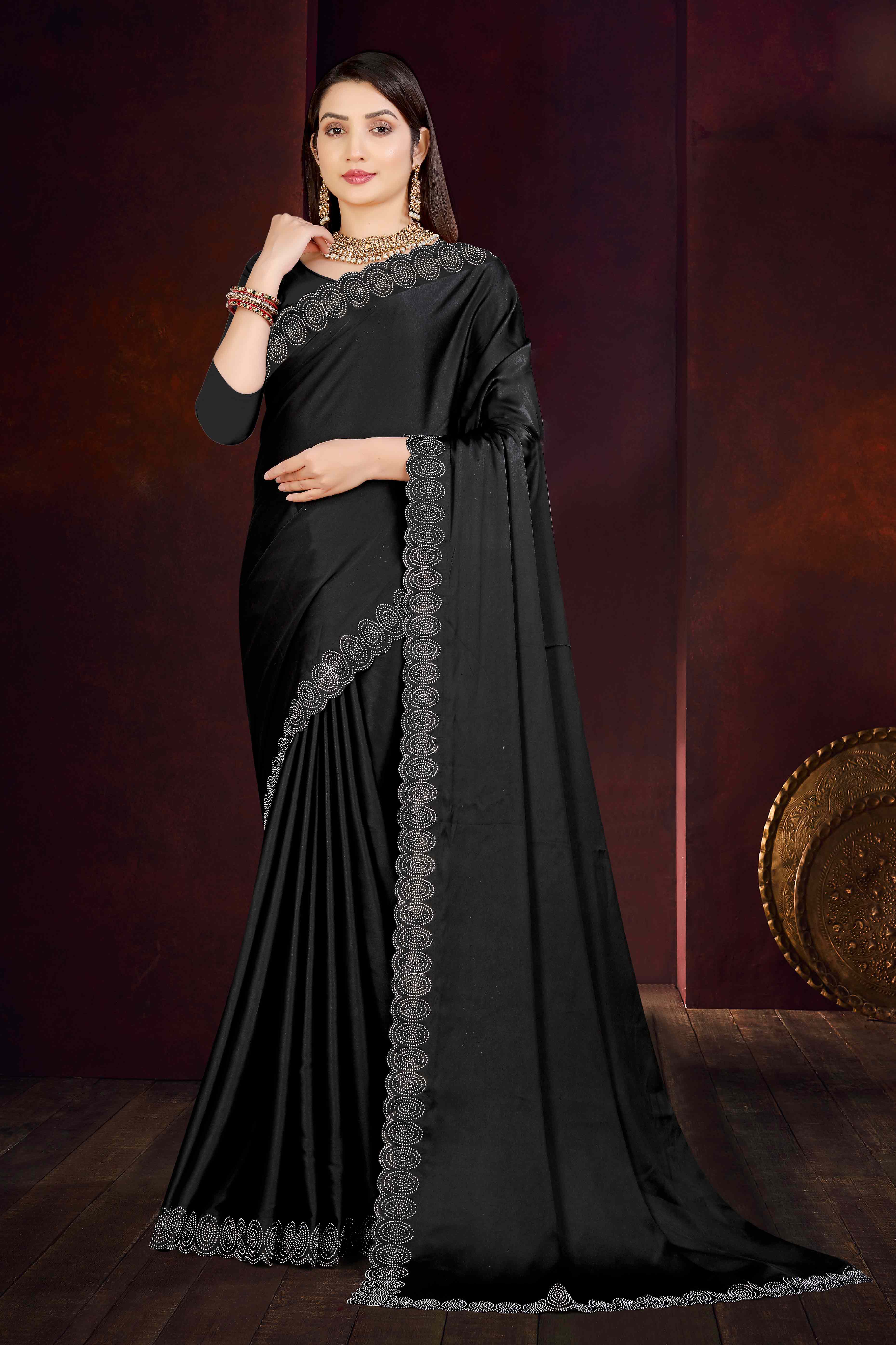 Black Solid With Swarovski Work Satin Saree