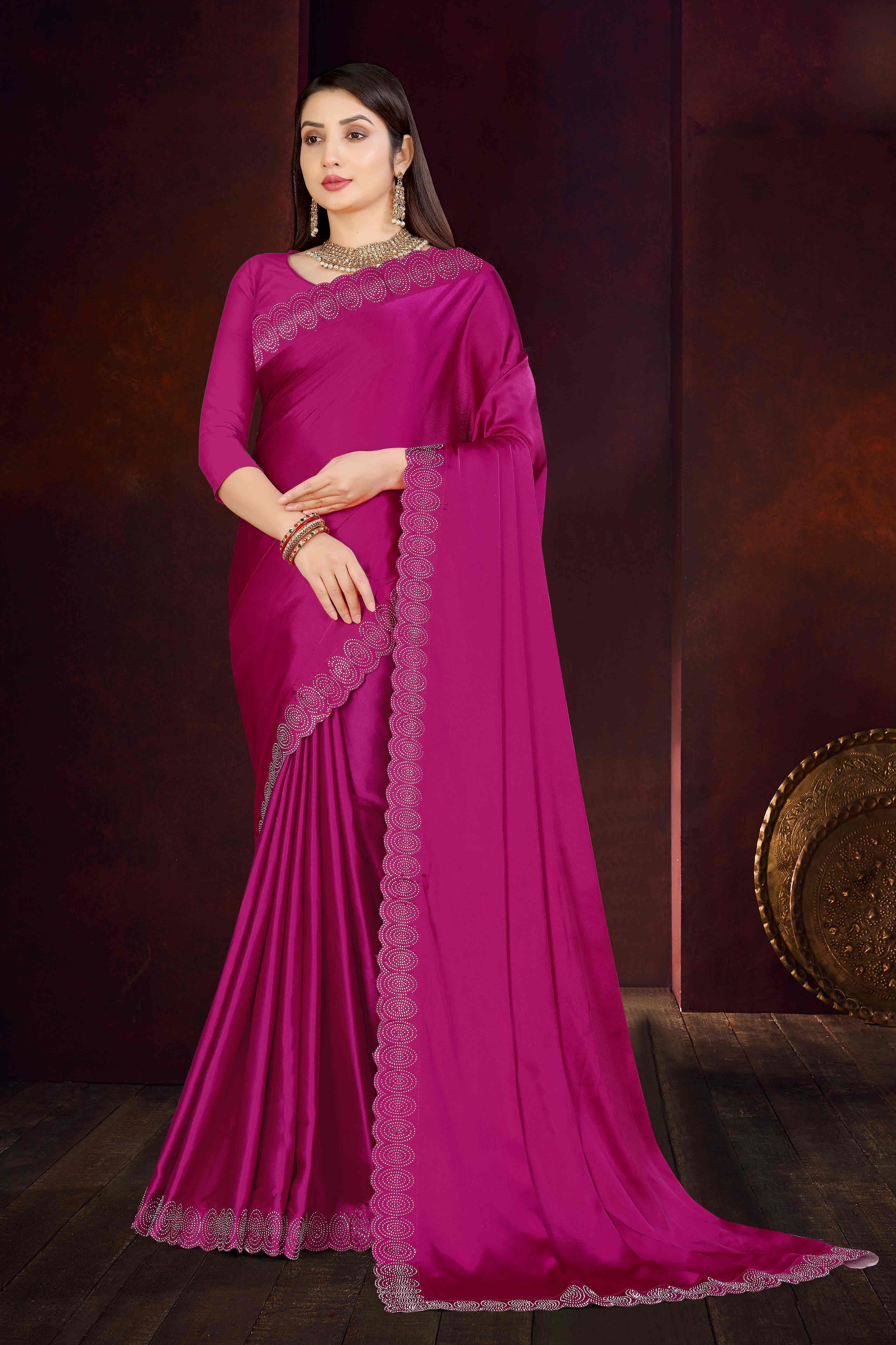 Magenta Solid With Swarovski Work Satin Saree