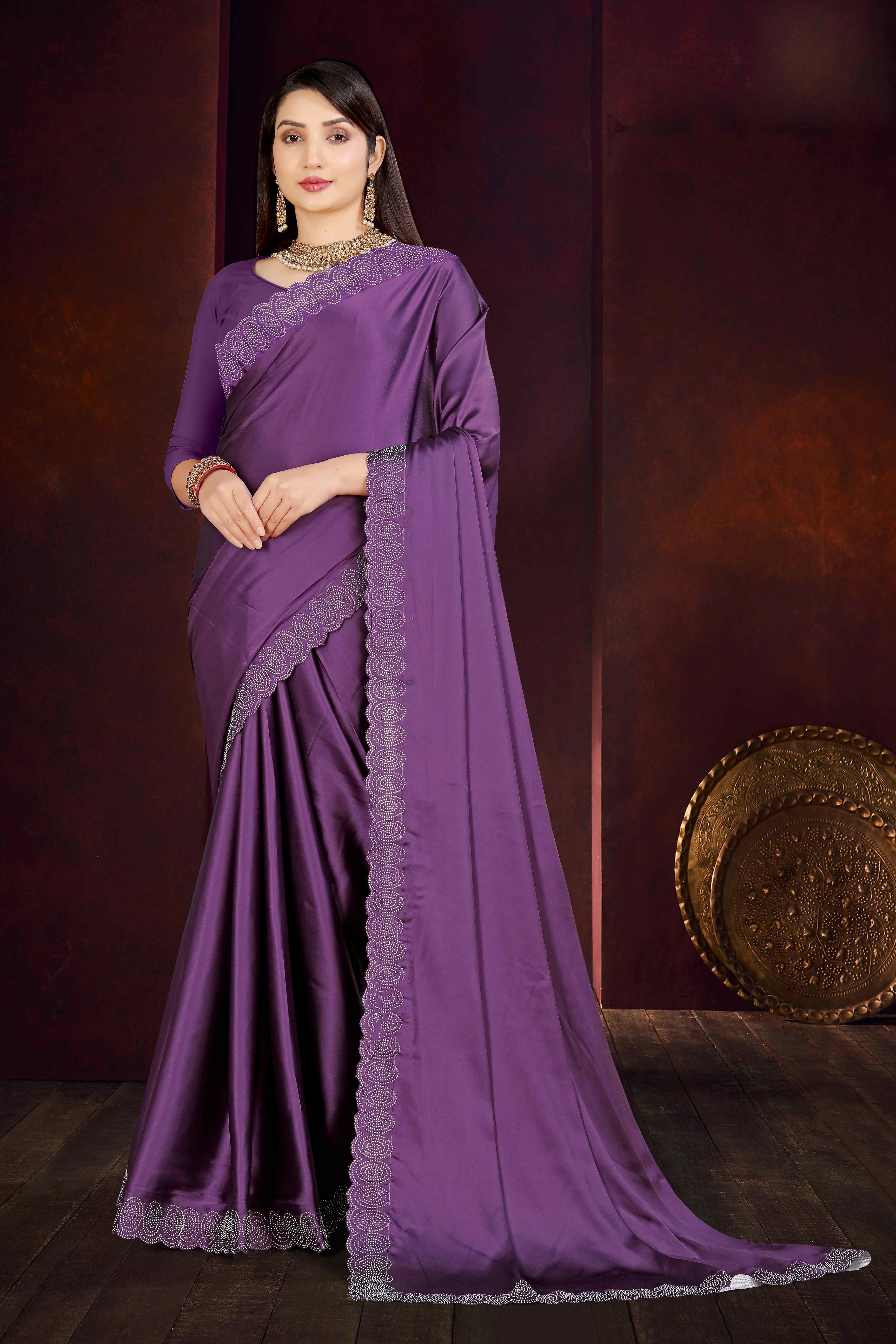 Purple Solid With Swarovski Work Satin Saree