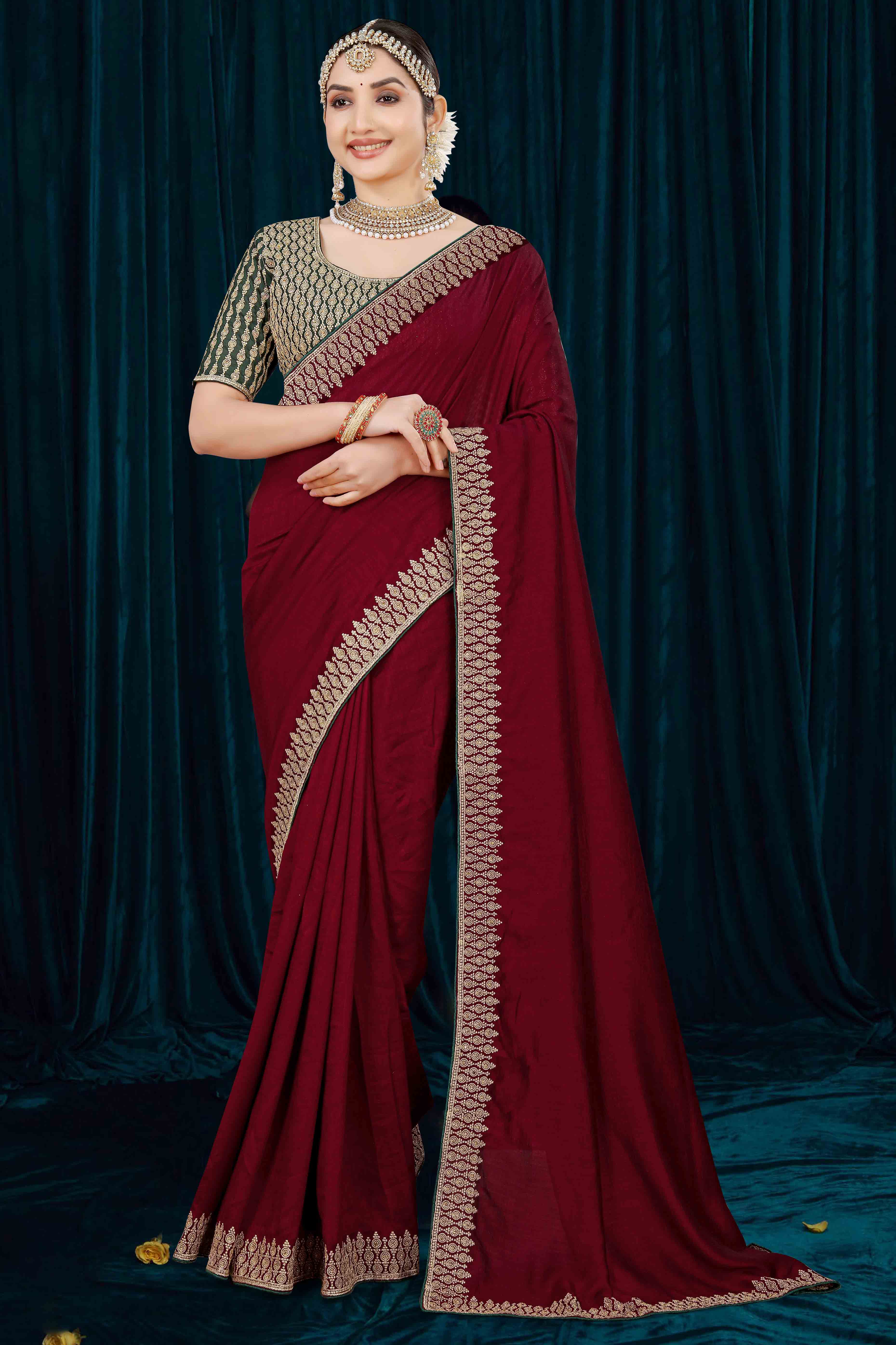 Maroon Solid With Zari Embroidered Vichitra Silk Saree