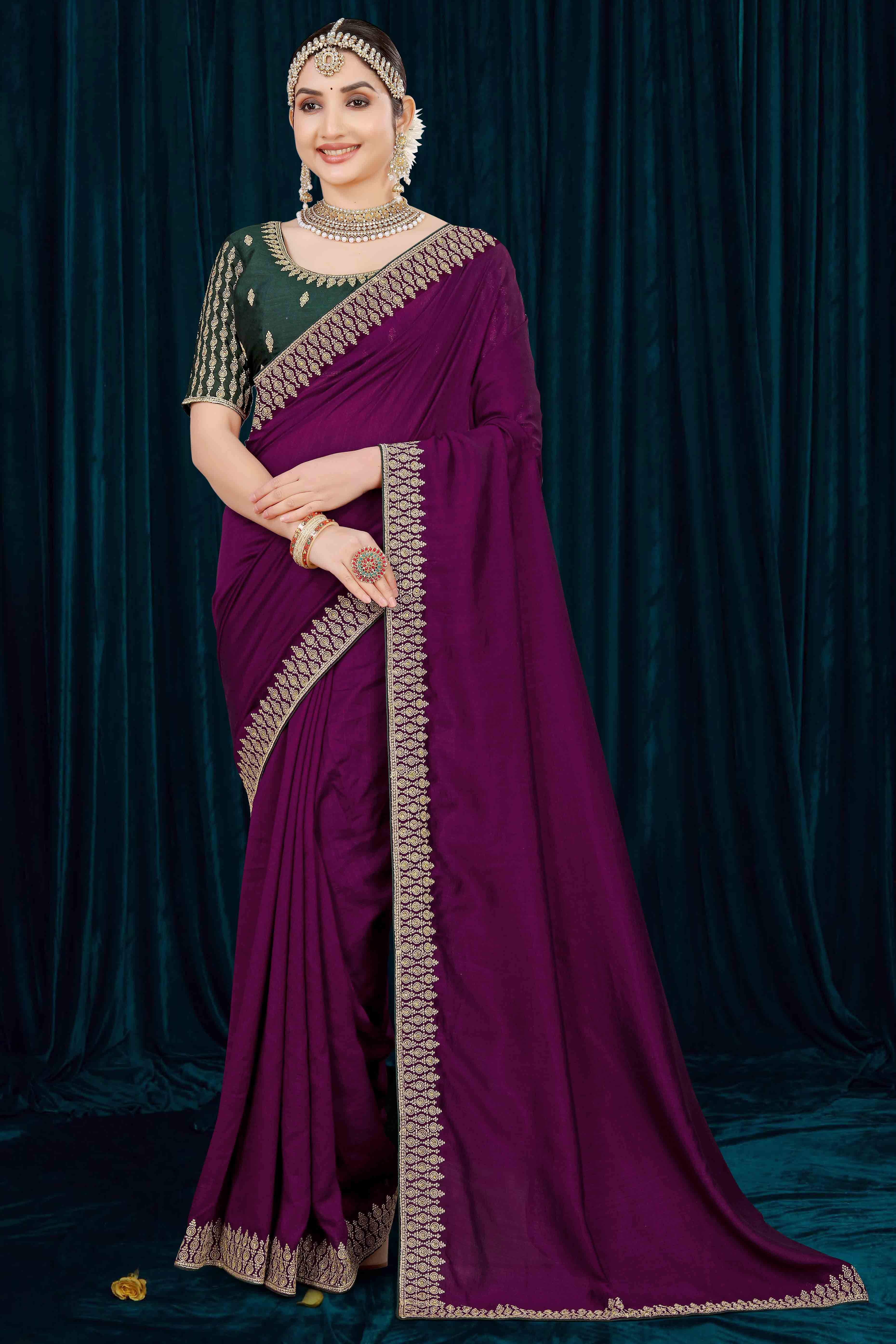 Wine Solid With Zari Embroidered Vichitra Silk Saree